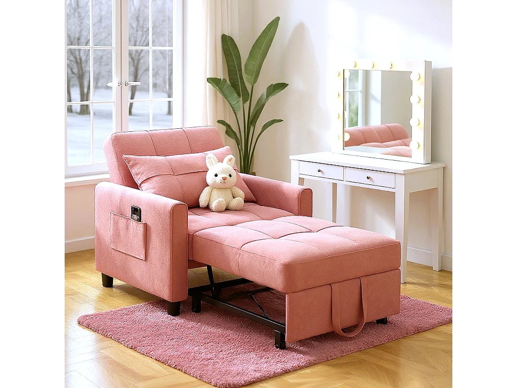 Bealife Sofá Cama Convertible Rosa Cenizo Modular con Tumbona, Cojín Ajustable, Almacenamiento y Ruedas Plegables Individual