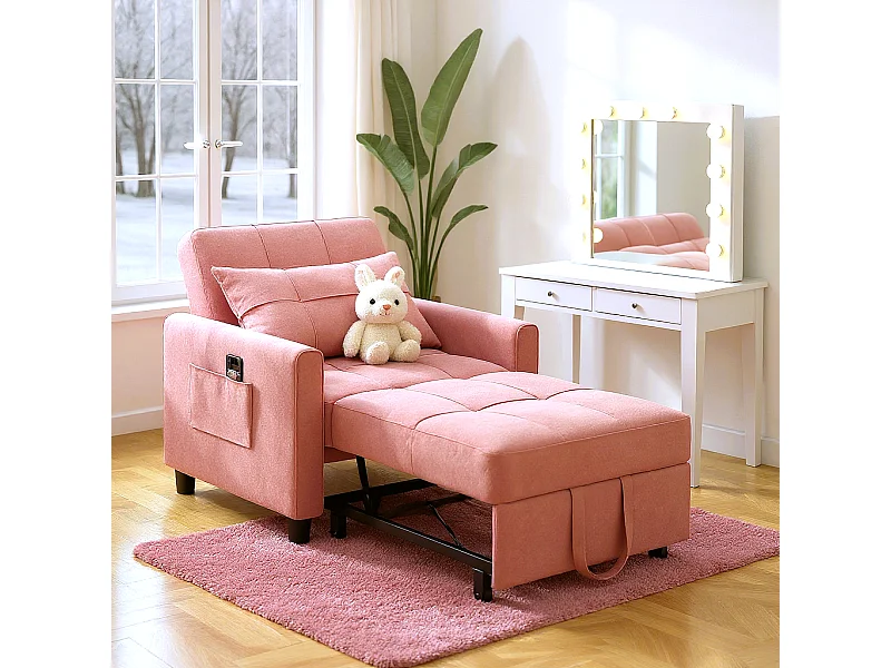 Fauteuil Convertible Bealife Fauteuil Lit Canapé 1 Place Chaise Longue Coussin Roues,Rose