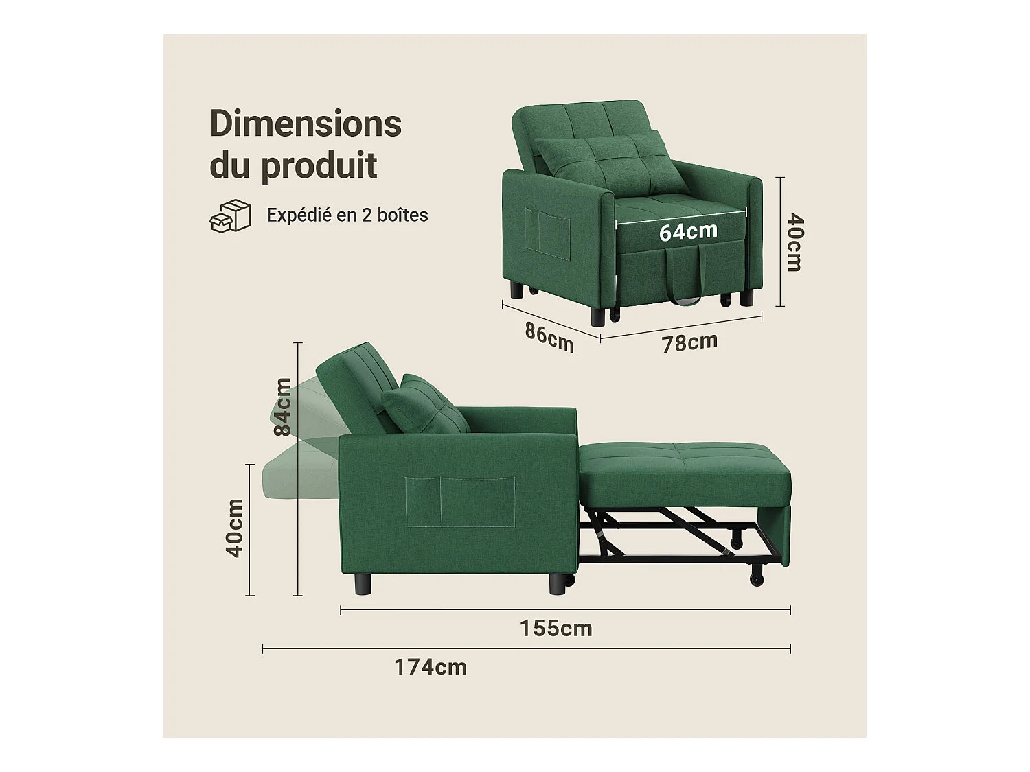Fauteuil Convertible Bealife Fauteuil Lit Canapé 1 Place Chaise Longue Coussin Roues,Vert