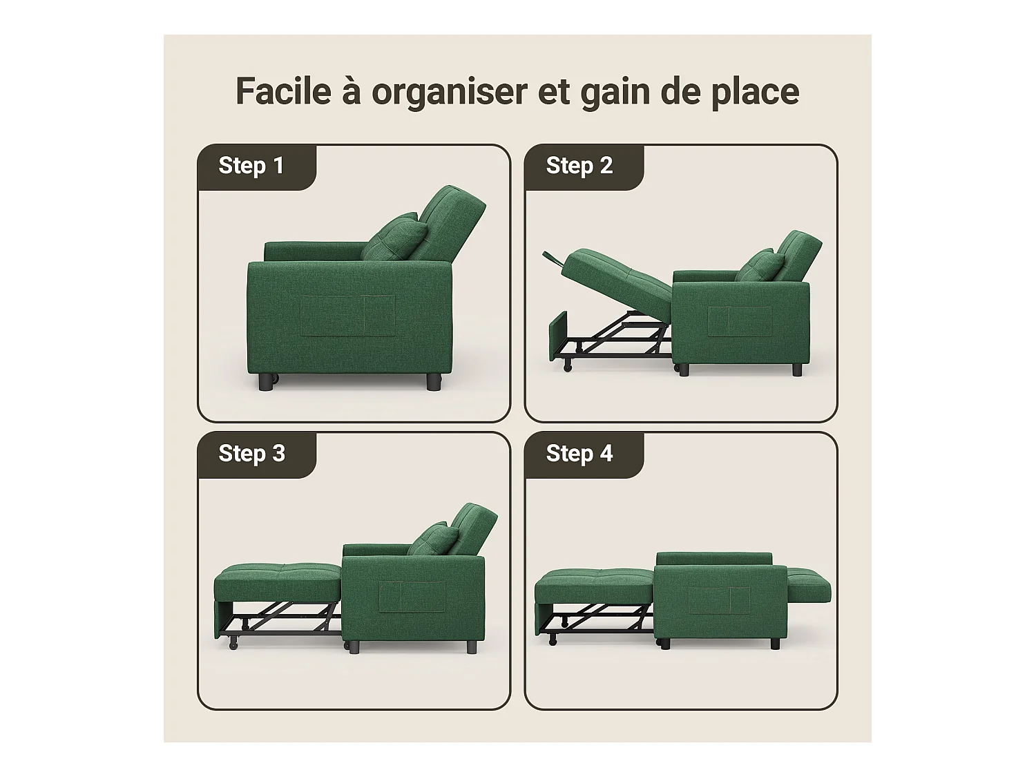 Fauteuil Convertible Bealife Fauteuil Lit Canapé 1 Place Chaise Longue Coussin Roues,Vert