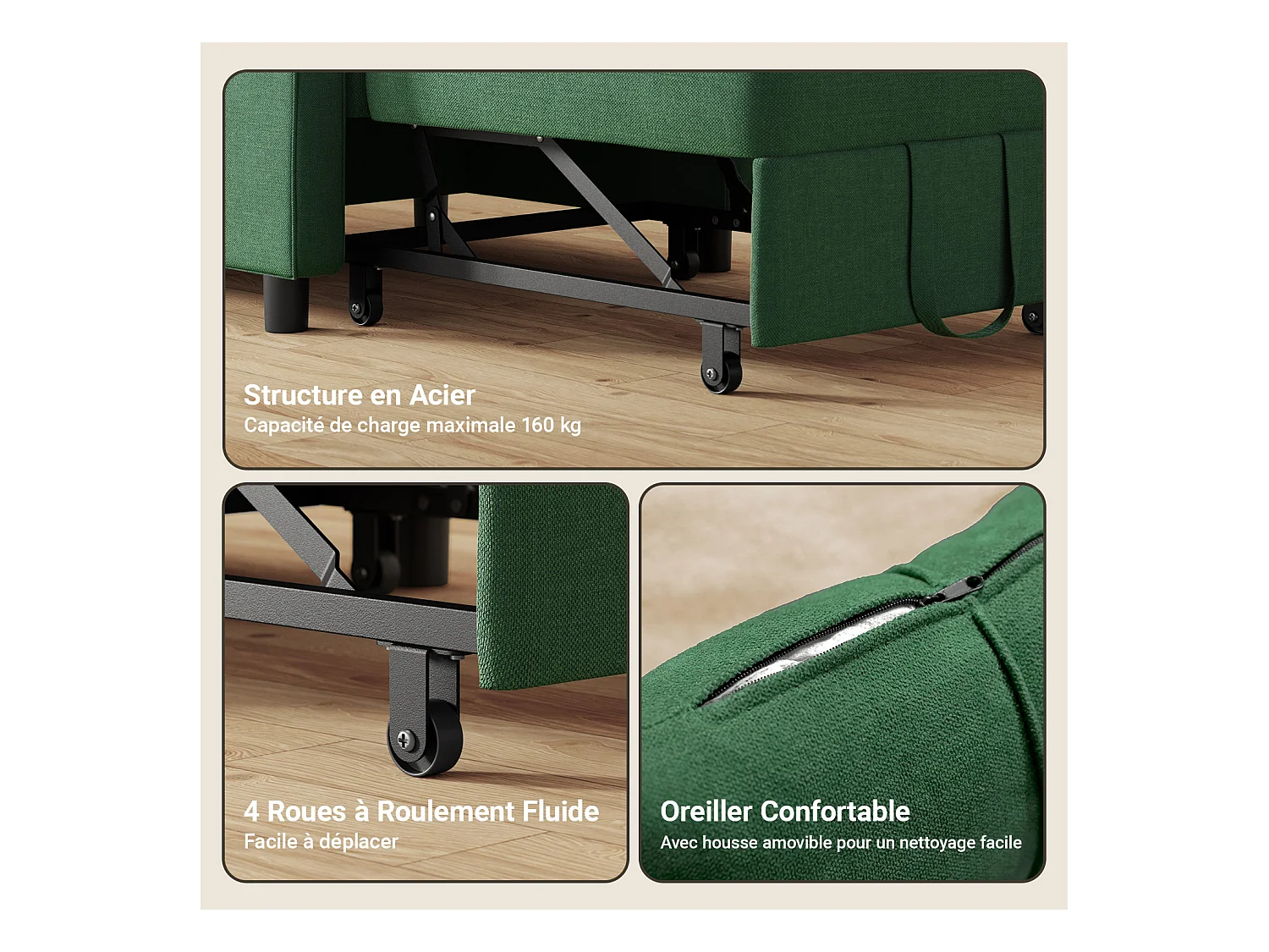 Fauteuil Convertible Bealife Fauteuil Lit Canapé 1 Place Chaise Longue Coussin Roues,Vert