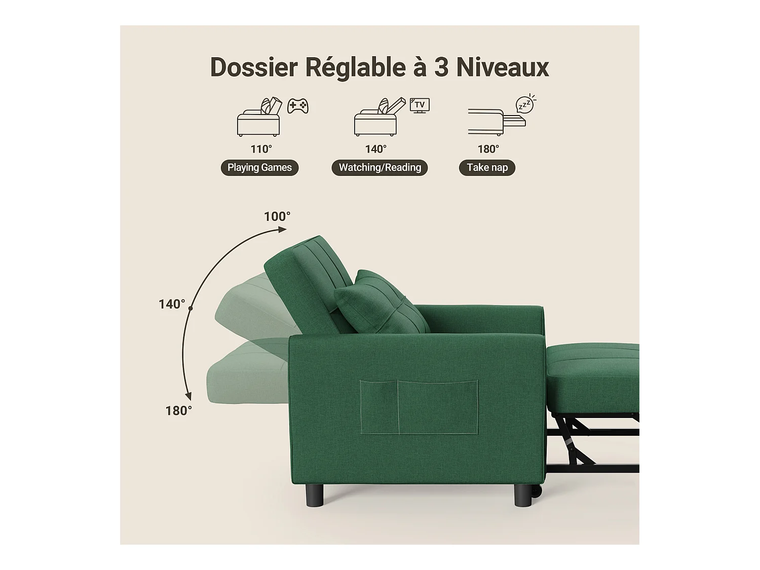 Fauteuil Convertible Bealife Fauteuil Lit Canapé 1 Place Chaise Longue Coussin Roues,Vert