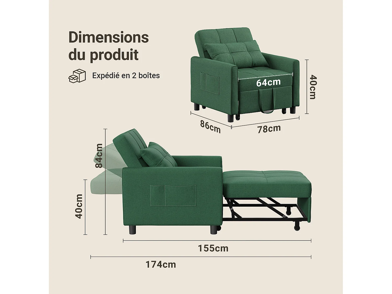 Fauteuil Convertible Bealife Fauteuil Lit Canapé 1 Place Chaise Longue Coussin Roues,Vert