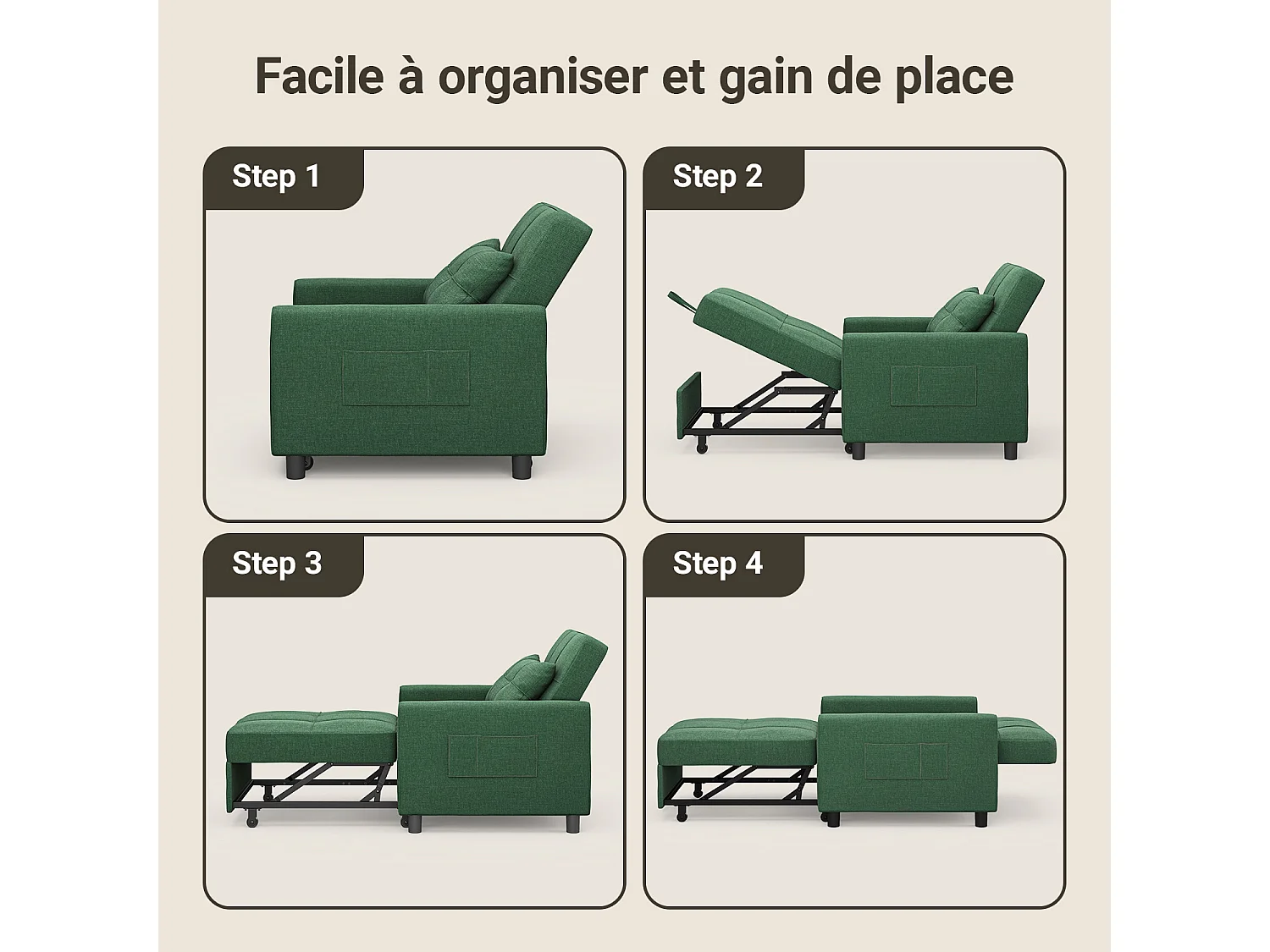Fauteuil Convertible Bealife Fauteuil Lit Canapé 1 Place Chaise Longue Coussin Roues,Vert