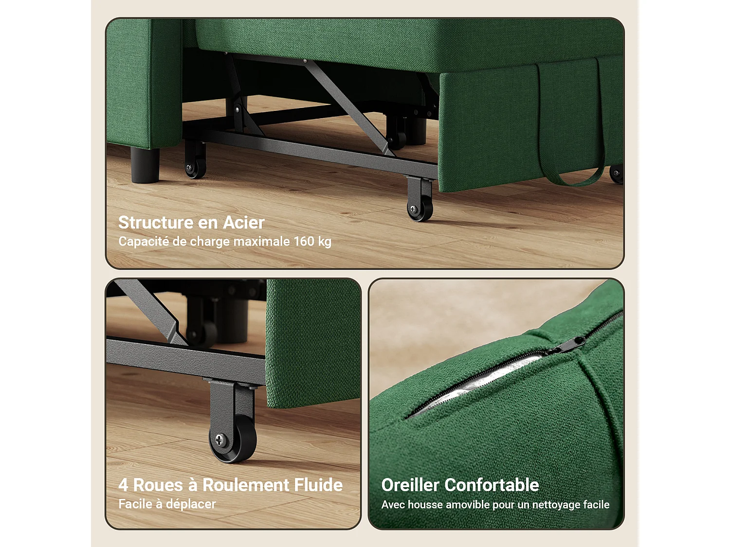 Fauteuil Convertible Bealife Fauteuil Lit Canapé 1 Place Chaise Longue Coussin Roues,Vert