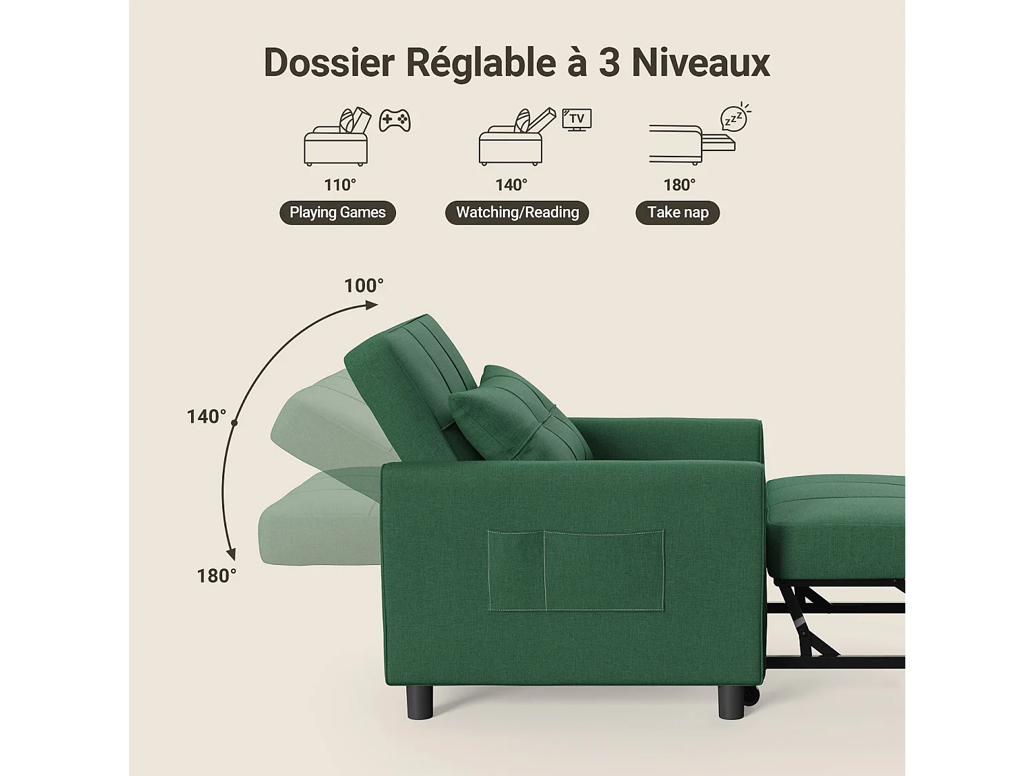 Fauteuil Convertible Bealife Fauteuil Lit Canapé 1 Place Chaise Longue Coussin Roues,Vert