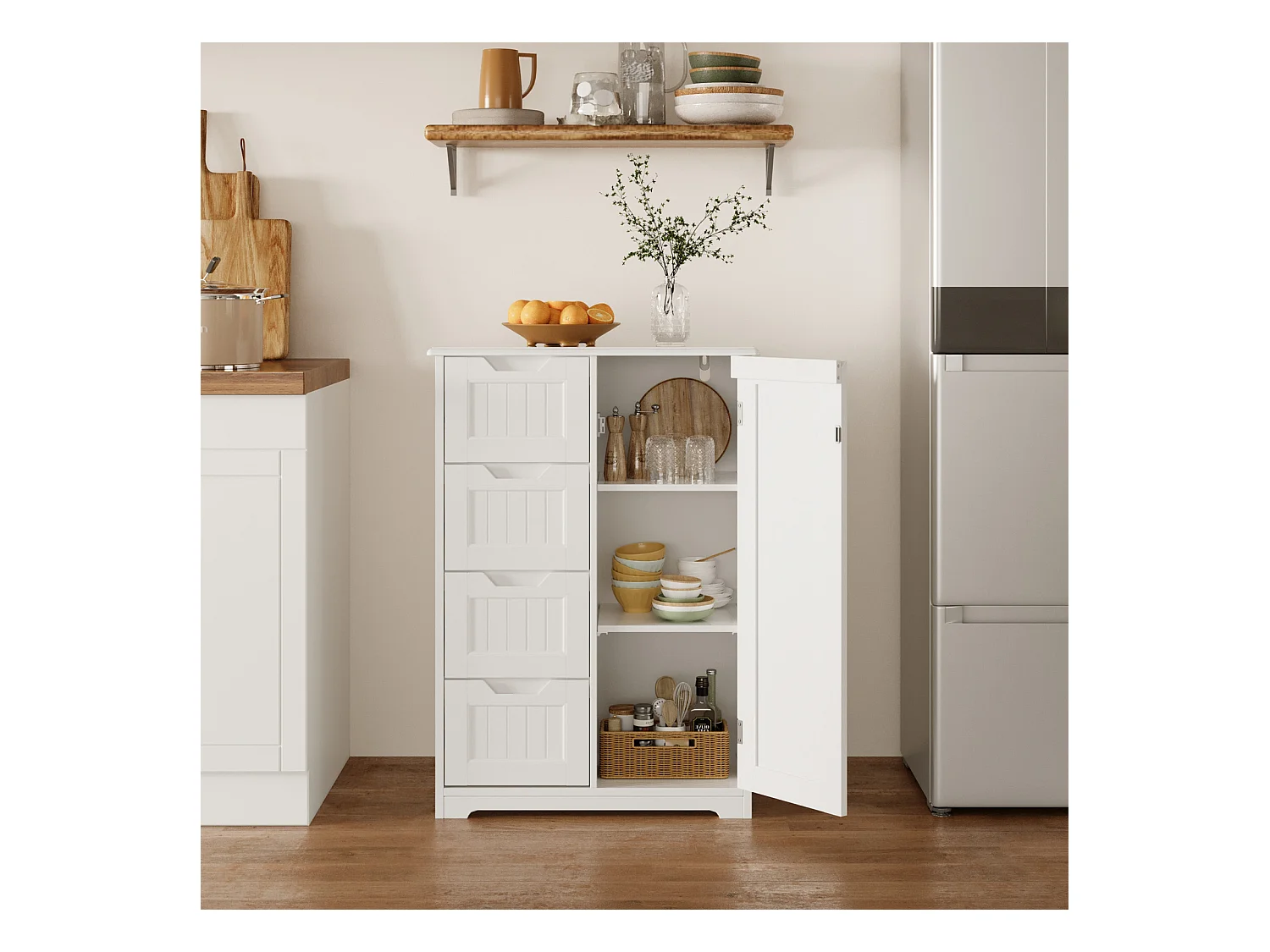 Bealife Meuble Cuisine Rangement Armoire de Cuisine Commode 4 Tiroirs 1 Porte de Placard 1 Étagère Réglable pour Couverts