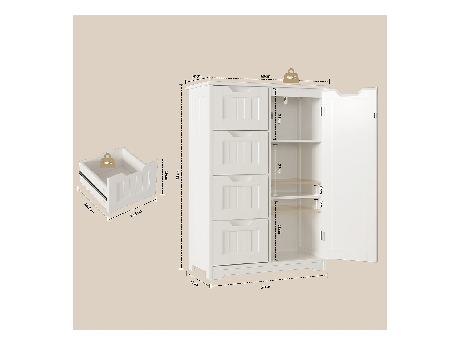 Bealife Meuble Cuisine Rangement Armoire de Cuisine Commode 4 Tiroirs 1 Porte de Placard 1 Étagère Réglable pour Couverts