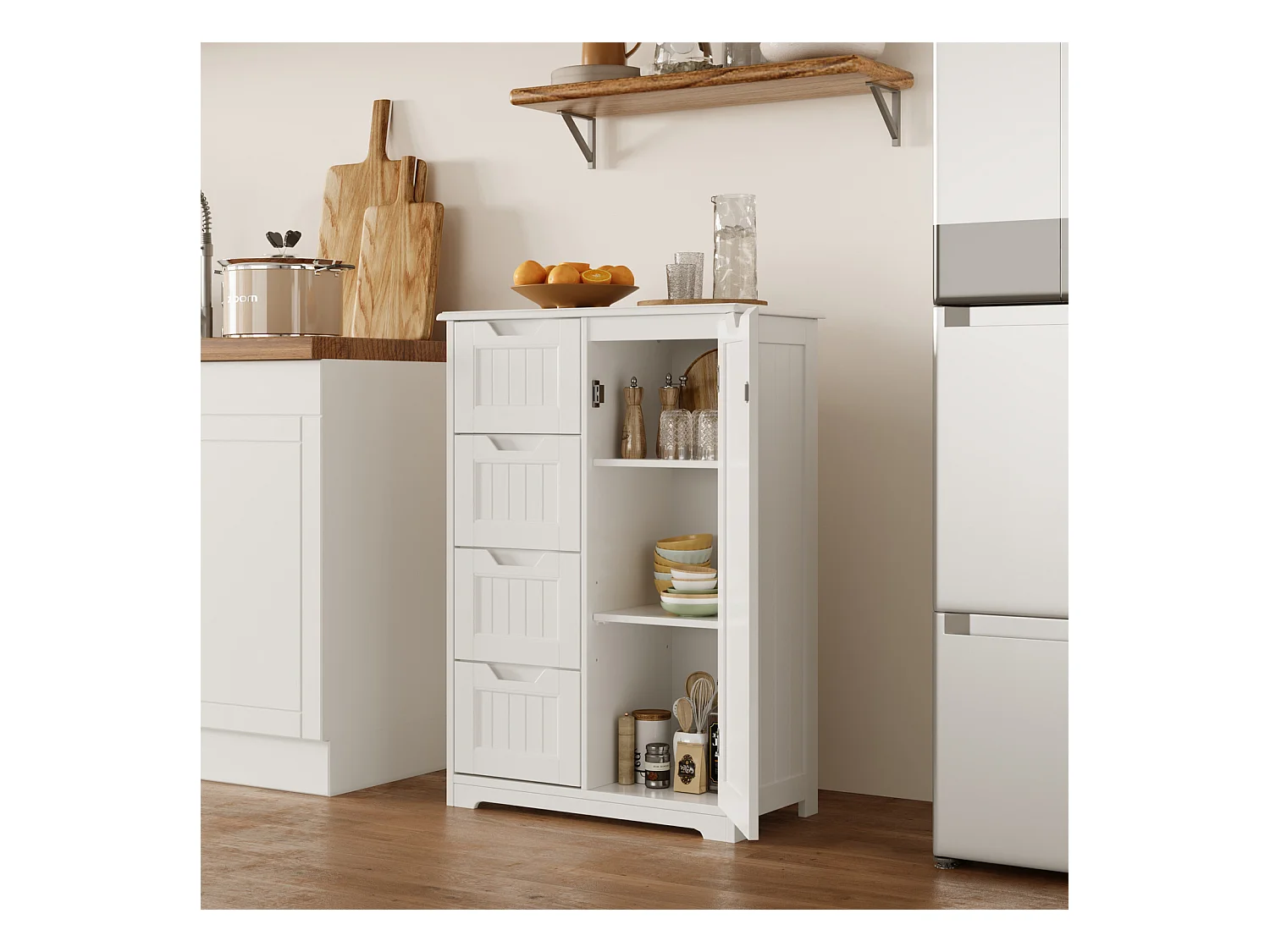 Bealife Meuble Cuisine Rangement Armoire de Cuisine Commode 4 Tiroirs 1 Porte de Placard 1 Étagère Réglable pour Couverts