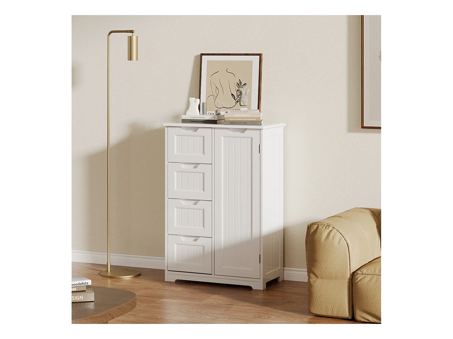 Bealife Meuble Cuisine Rangement Armoire de Cuisine Commode 4 Tiroirs 1 Porte de Placard 1 Étagère Réglable pour Couverts