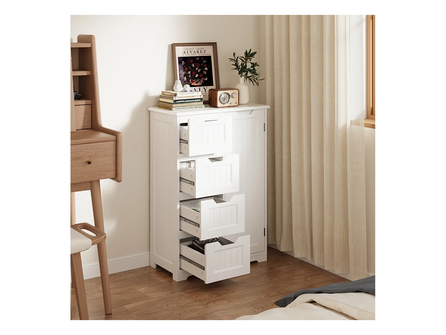 Bealife Meuble Cuisine Rangement Armoire de Cuisine Commode 4 Tiroirs 1 Porte de Placard 1 Étagère Réglable pour Couverts