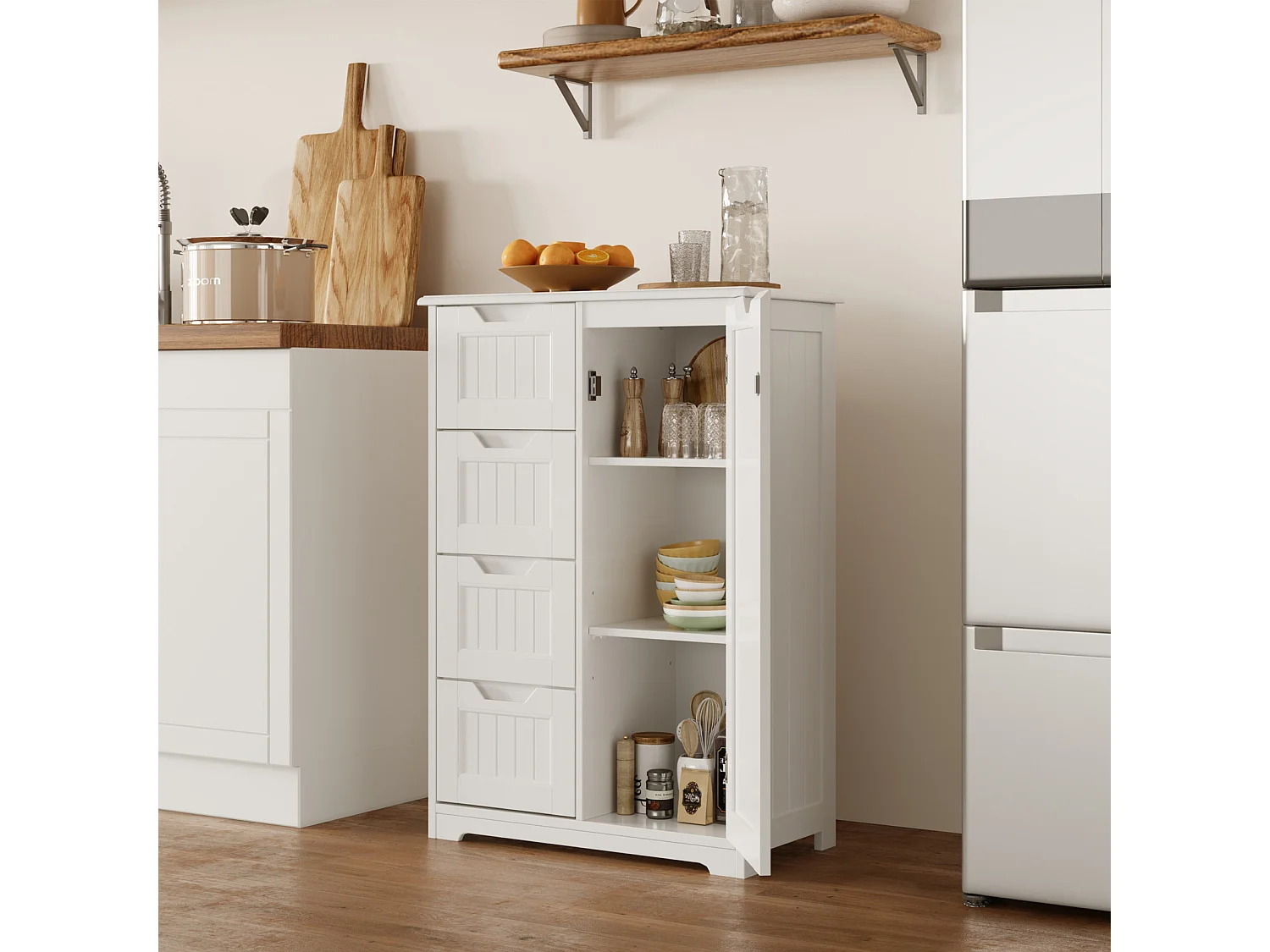 Bealife Meuble Cuisine Rangement Armoire de Cuisine Commode 4 Tiroirs 1 Porte de Placard 1 Étagère Réglable pour Couverts