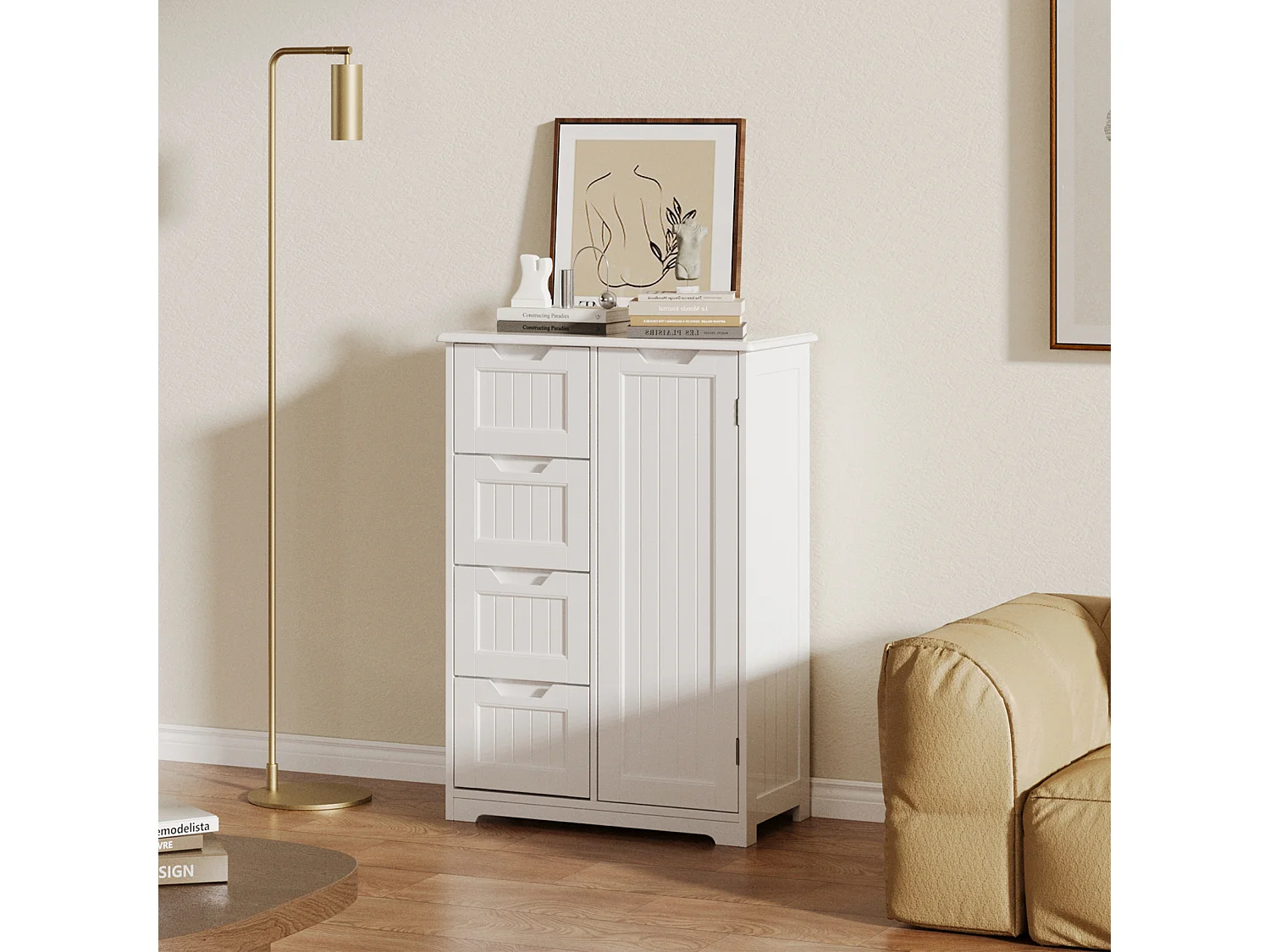 Bealife Meuble Cuisine Rangement Armoire de Cuisine Commode 4 Tiroirs 1 Porte de Placard 1 Étagère Réglable pour Couverts