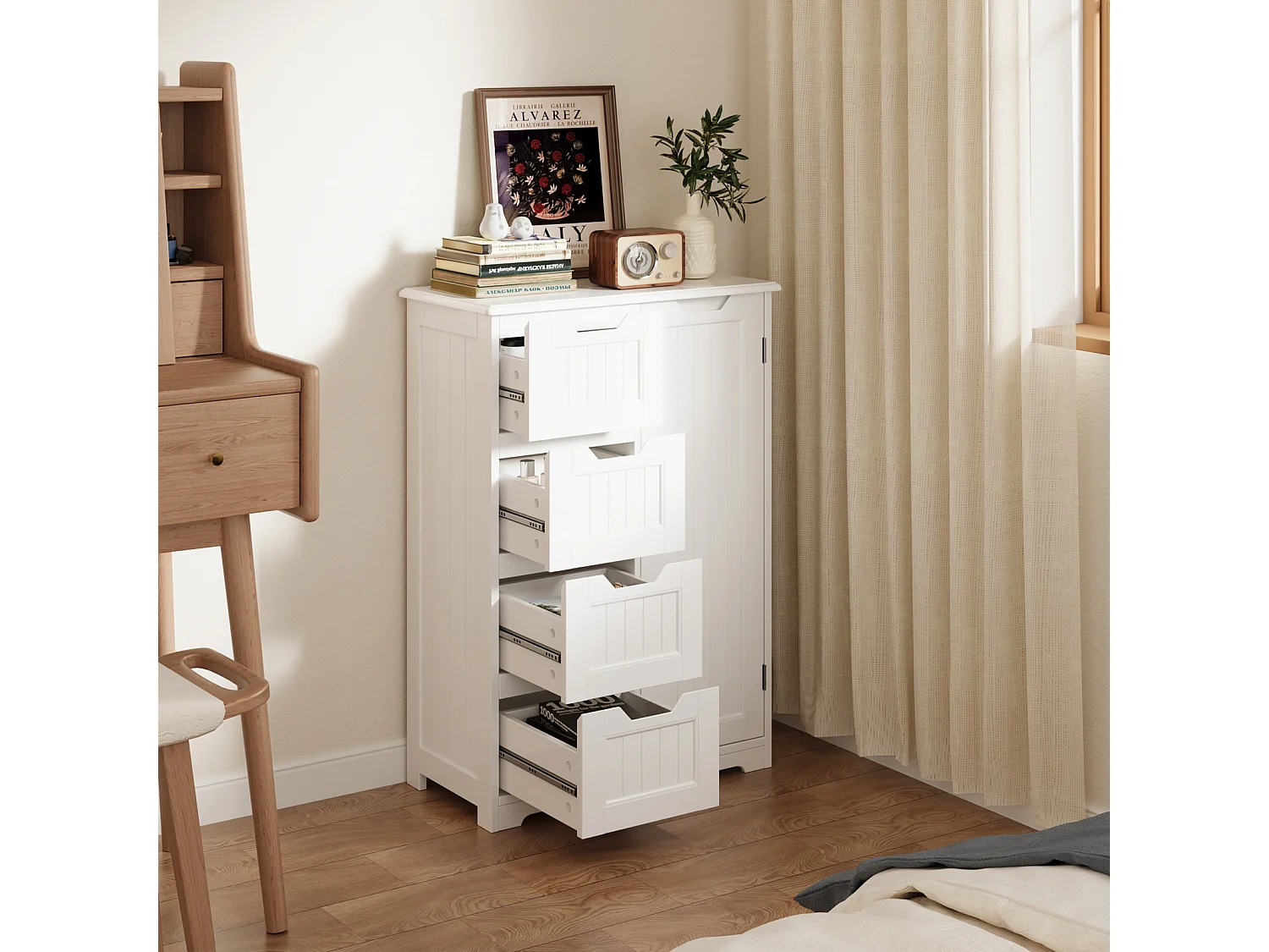 Bealife Meuble Cuisine Rangement Armoire de Cuisine Commode 4 Tiroirs 1 Porte de Placard 1 Étagère Réglable pour Couverts