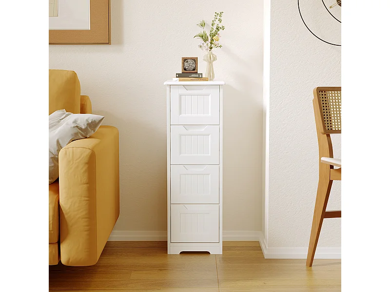 Bealife Meuble Salle de Bain Petit Meuble de Rangement Sur Pied 4 Tiroirs 28 x 28 x 84 cm Bas Commode SDB Armoire Blanc