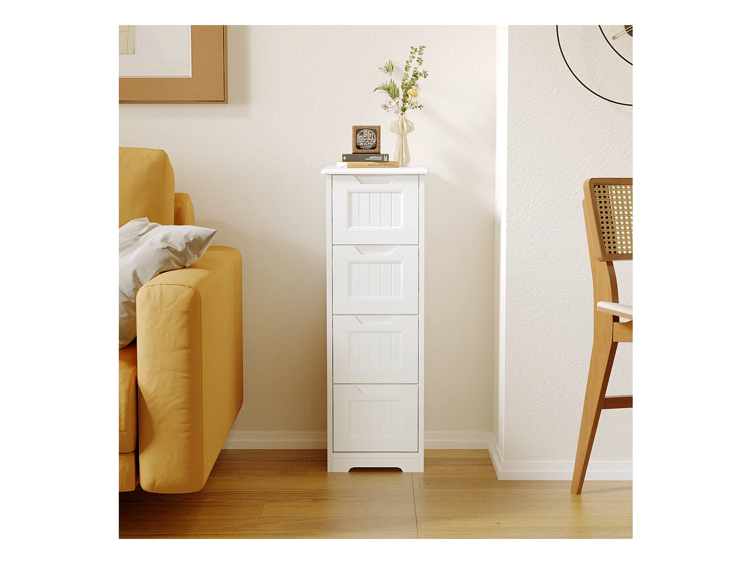 Bealife Meuble Salle de Bain Petit Meuble de Rangement Sur Pied 4 Tiroirs 28 x 28 x 84 cm Bas Commode SDB Armoire Blanc