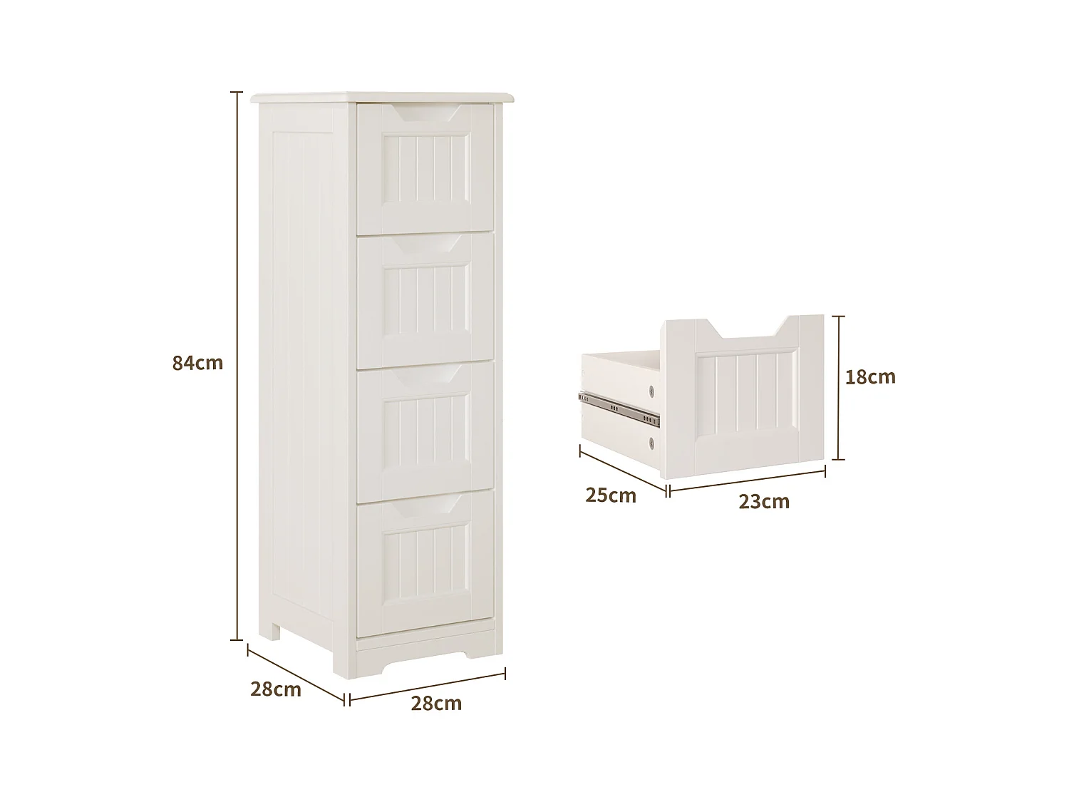 Bealife Meuble Salle de Bain Petit Meuble de Rangement Sur Pied 4 Tiroirs 28 x 28 x 84 cm Bas Commode SDB Armoire Blanc