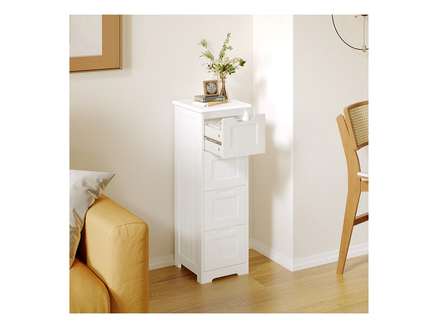 Bealife Meuble Salle de Bain Petit Meuble de Rangement Sur Pied 4 Tiroirs 28 x 28 x 84 cm Bas Commode SDB Armoire Blanc