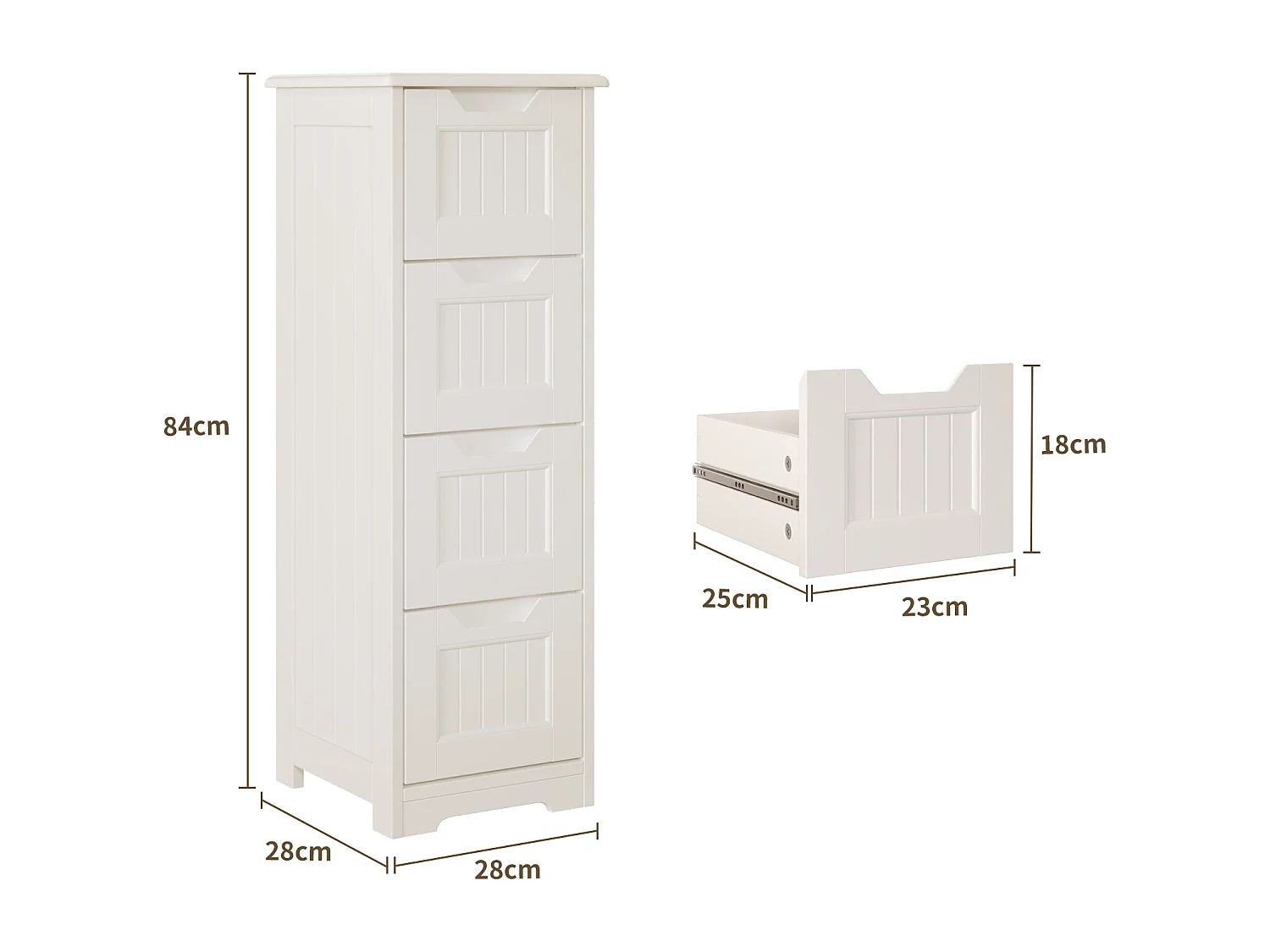 Bealife Meuble Salle de Bain Petit Meuble de Rangement Sur Pied 4 Tiroirs 28 x 28 x 84 cm Bas Commode SDB Armoire Blanc