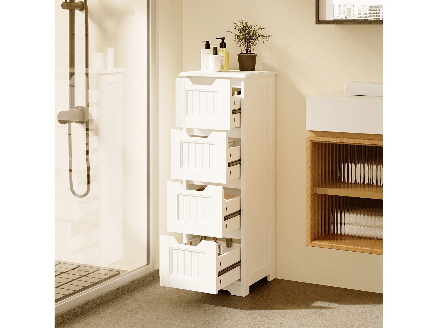 Bealife Meuble Salle de Bain Petit Meuble de Rangement Sur Pied 4 Tiroirs 28 x 28 x 84 cm Bas Commode SDB Armoire Blanc