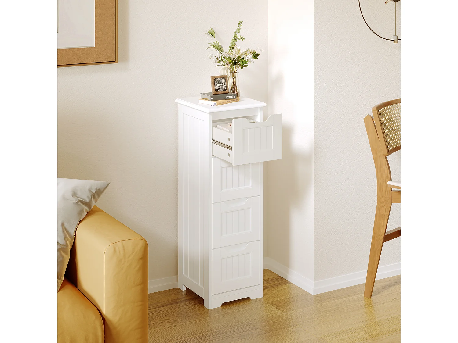 Bealife Meuble Salle de Bain Petit Meuble de Rangement Sur Pied 4 Tiroirs 28 x 28 x 84 cm Bas Commode SDB Armoire Blanc