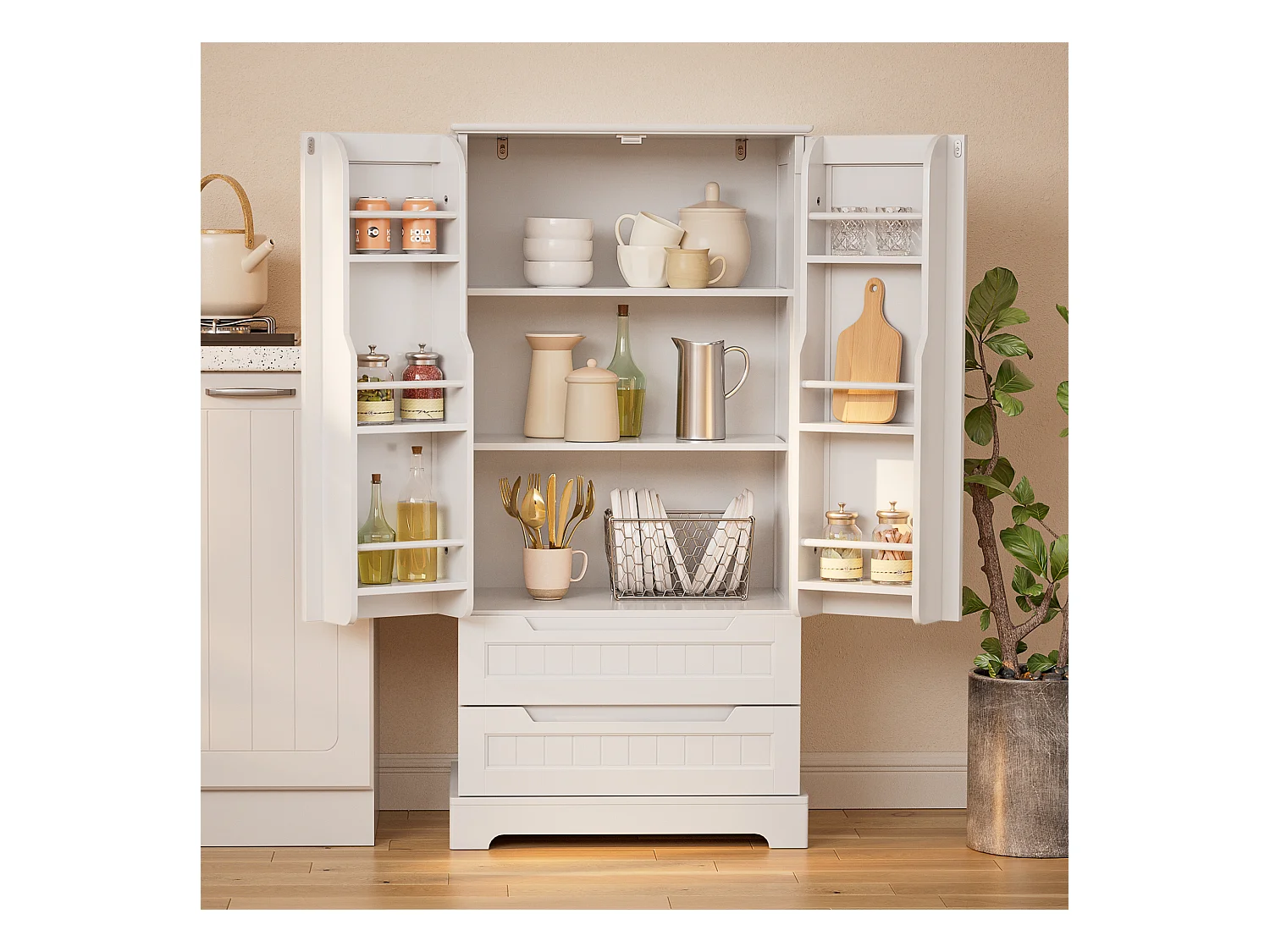 Bealife Buffet de Cuisine Armoire Haute 120 cm Meuble de Rangement 2 Portes 2 Tiroirs Étagère Reglable