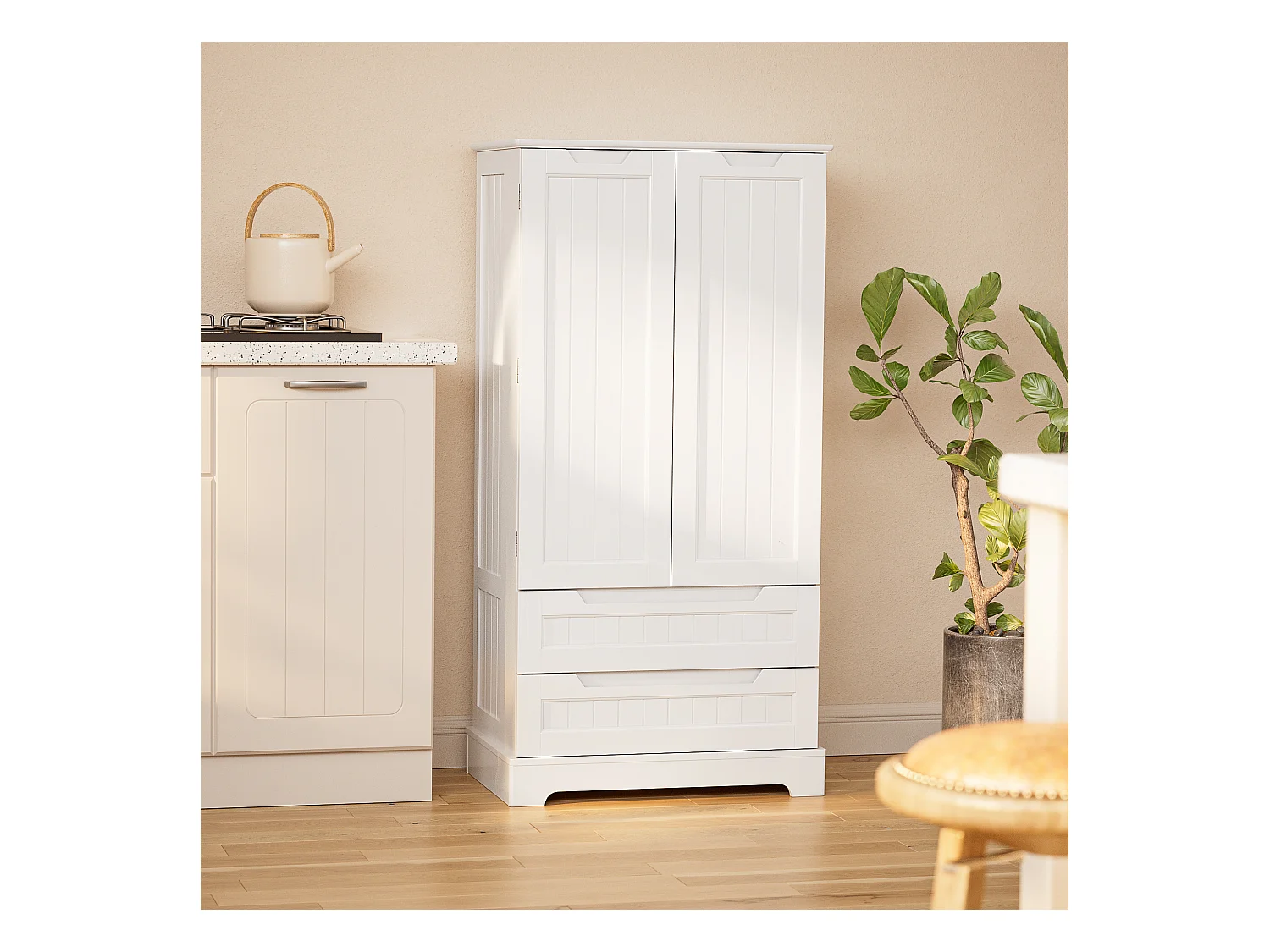 Bealife Buffet de Cuisine Armoire Haute 120 cm Meuble de Rangement 2 Portes 2 Tiroirs Étagère Reglable