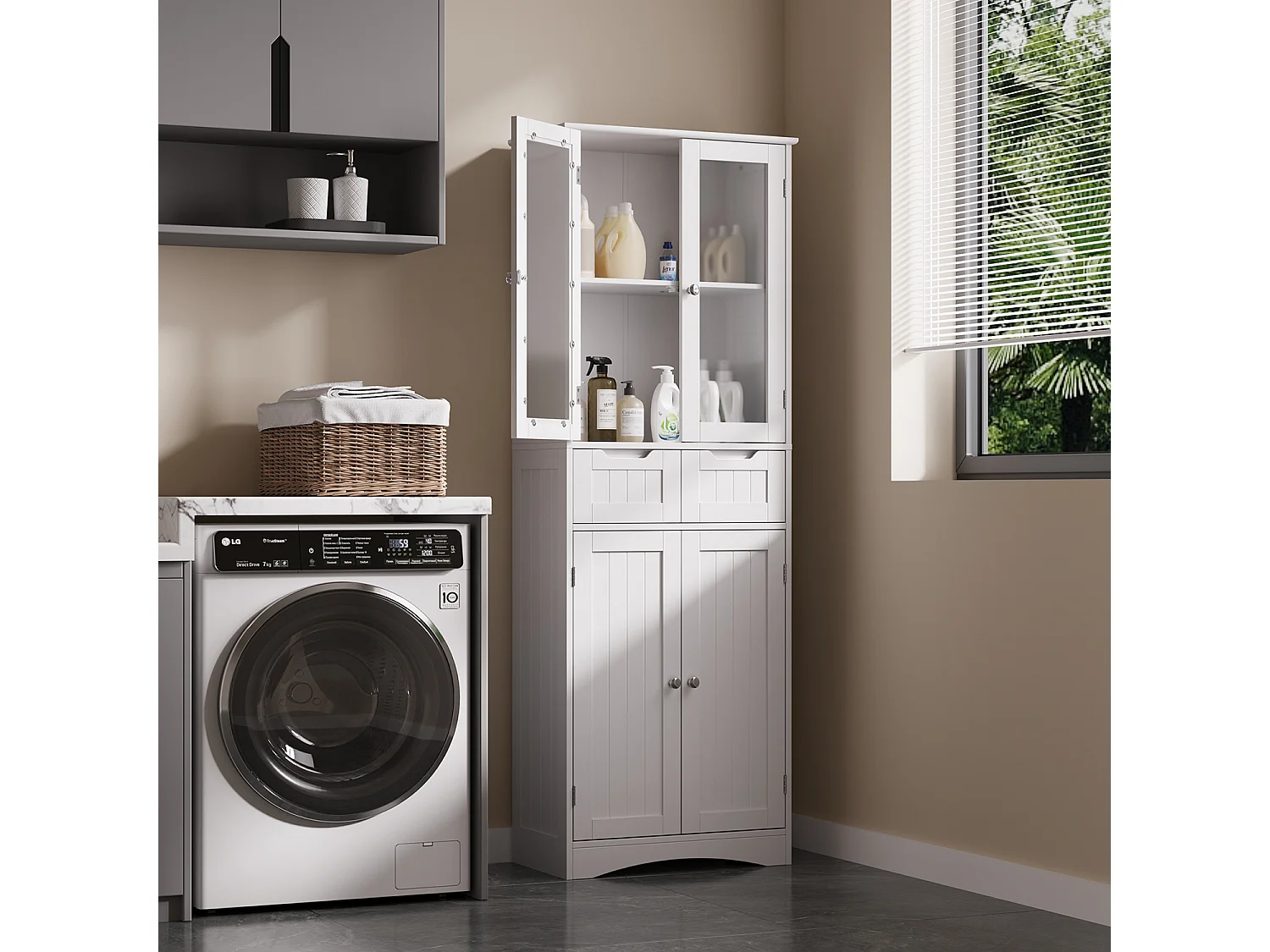 Meuble Haut Salle de Bain 60x30x170 cm - 4 Portes, 2 Tiroirs - Blanc