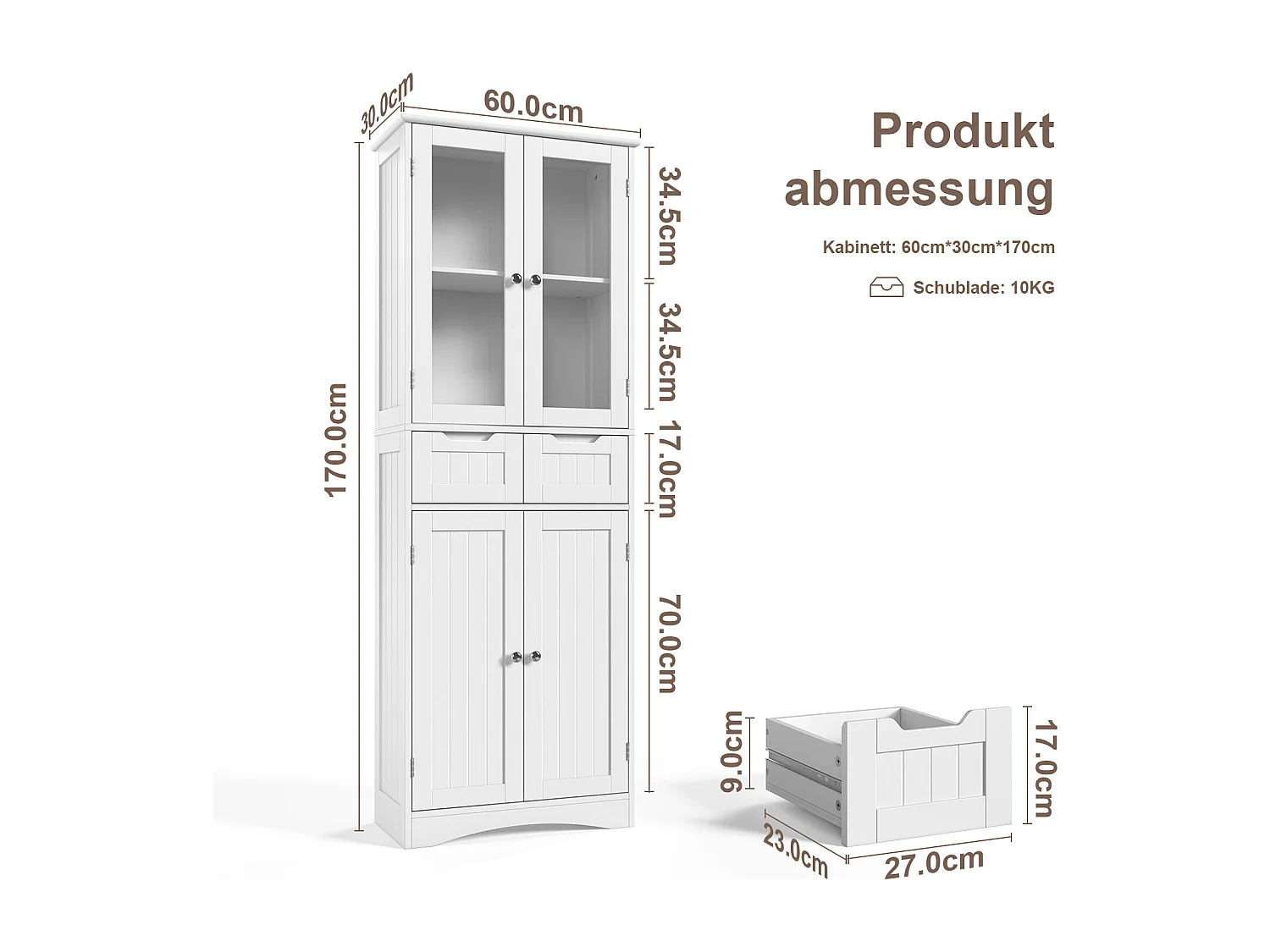 Meuble Haut Salle de Bain 60x30x170 cm - 4 Portes, 2 Tiroirs - Blanc