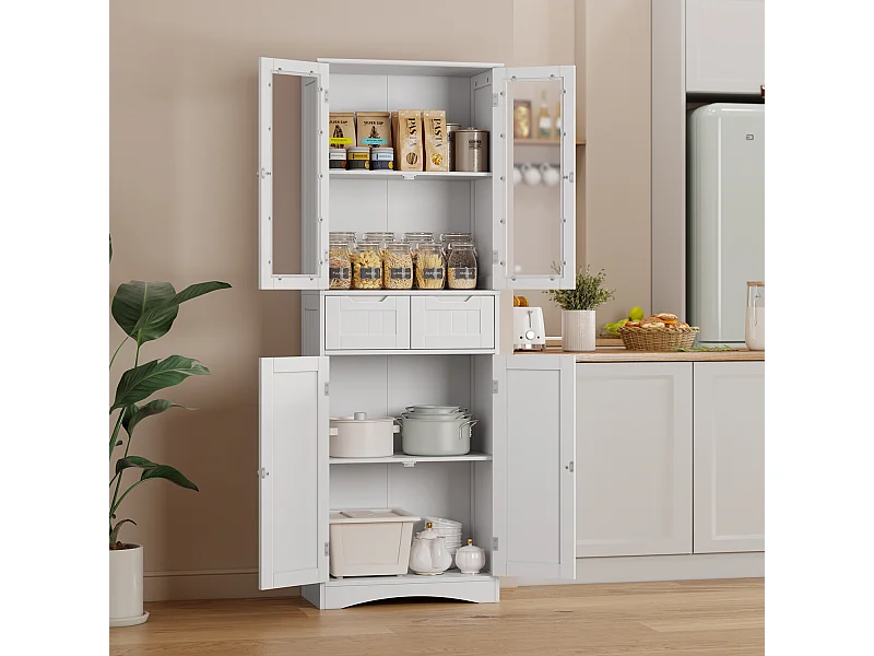 Meuble Haut Salle de Bain 60x30x170 cm - 4 Portes, 2 Tiroirs - Blanc