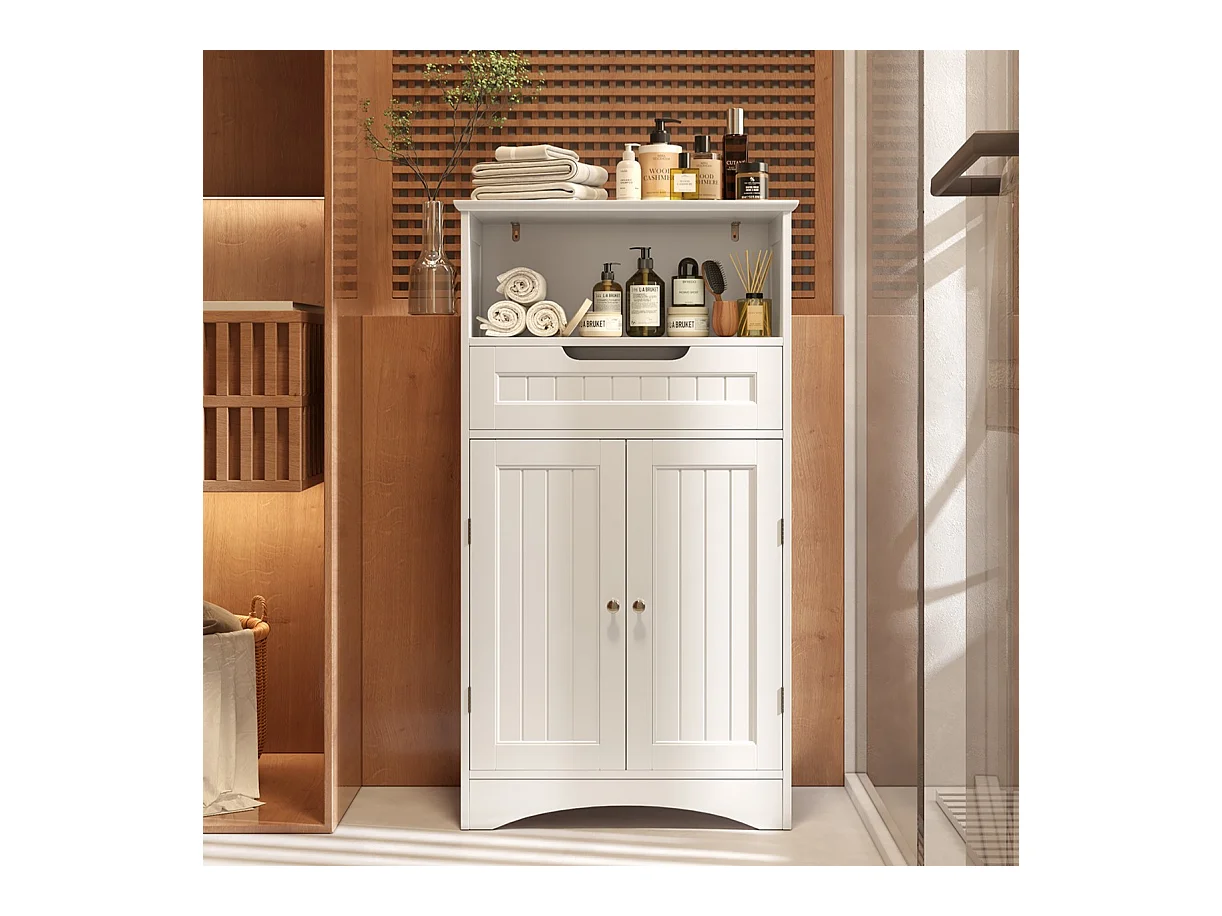 Bealife Meuble Salle de Bain Meuble Bas de Salle de Bain sur Pied Meuble de Rangement 4 Niveaux 2 Portes 1 Étagère Reglable 1 Tiroir