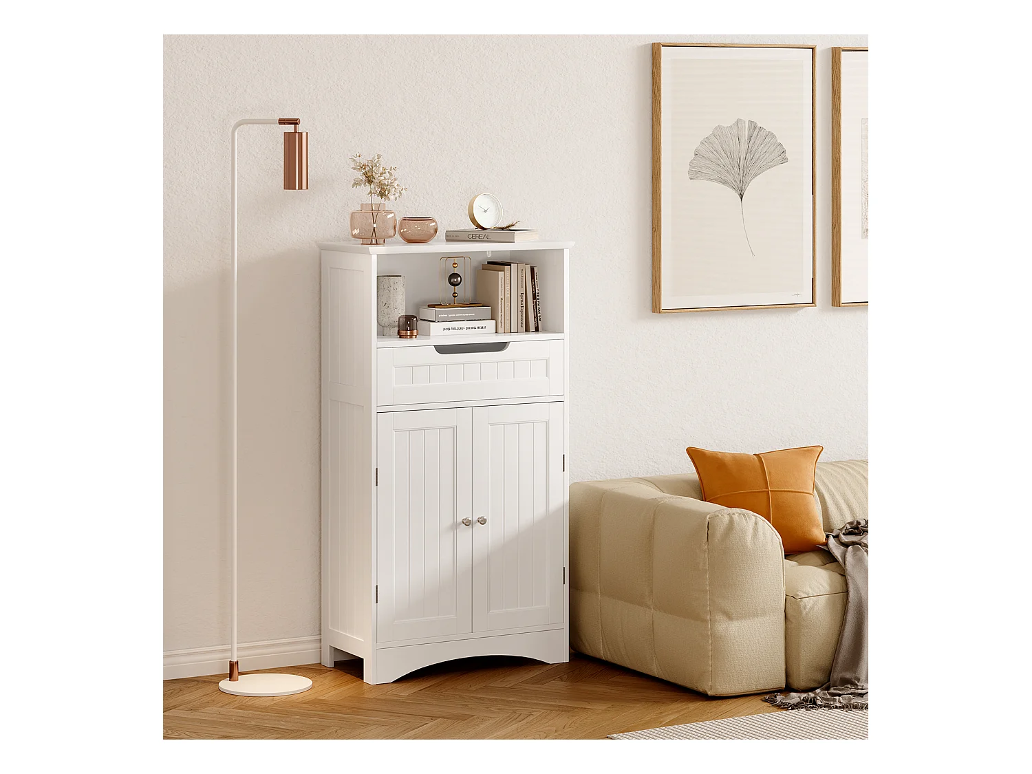 Bealife Meuble Salle de Bain Meuble Bas de Salle de Bain sur Pied Meuble de Rangement 4 Niveaux 2 Portes 1 Étagère Reglable 1 Tiroir