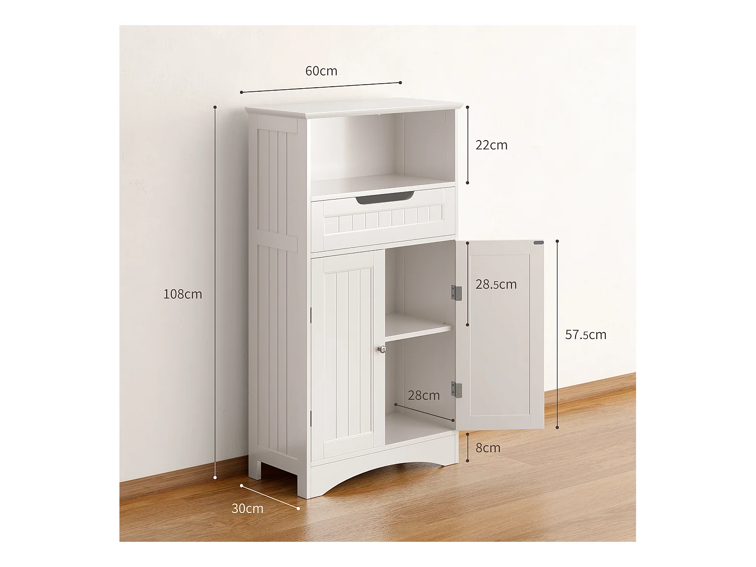 Bealife Meuble Salle de Bain Meuble Bas de Salle de Bain sur Pied Meuble de Rangement 4 Niveaux 2 Portes 1 Étagère Reglable 1 Tiroir