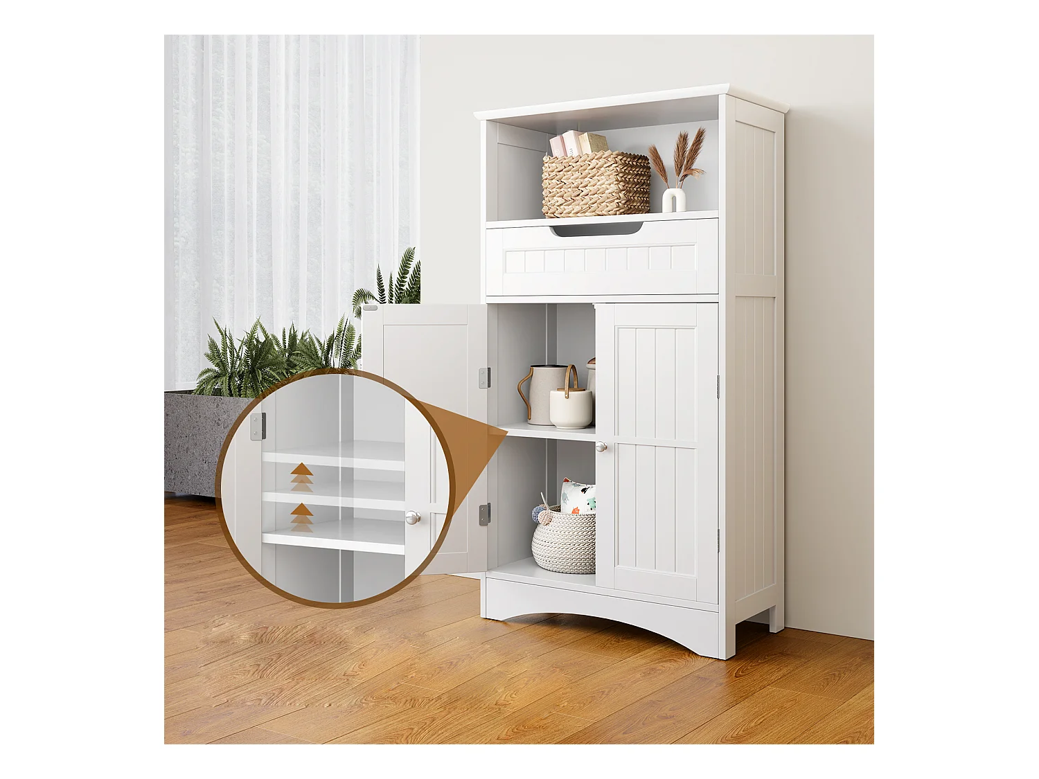 Bealife Meuble Salle de Bain Meuble Bas de Salle de Bain sur Pied Meuble de Rangement 4 Niveaux 2 Portes 1 Étagère Reglable 1 Tiroir