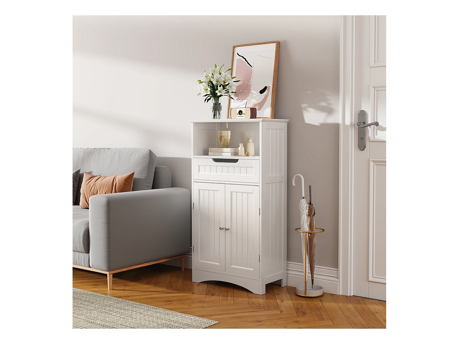 Bealife Meuble Salle de Bain Meuble Bas de Salle de Bain sur Pied Meuble de Rangement 4 Niveaux 2 Portes 1 Étagère Reglable 1 Tiroir