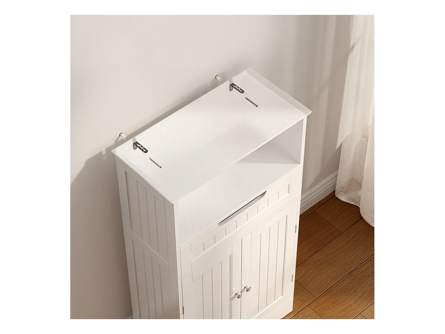 Bealife Meuble Salle de Bain Meuble Bas de Salle de Bain sur Pied Meuble de Rangement 4 Niveaux 2 Portes 1 Étagère Reglable 1 Tiroir