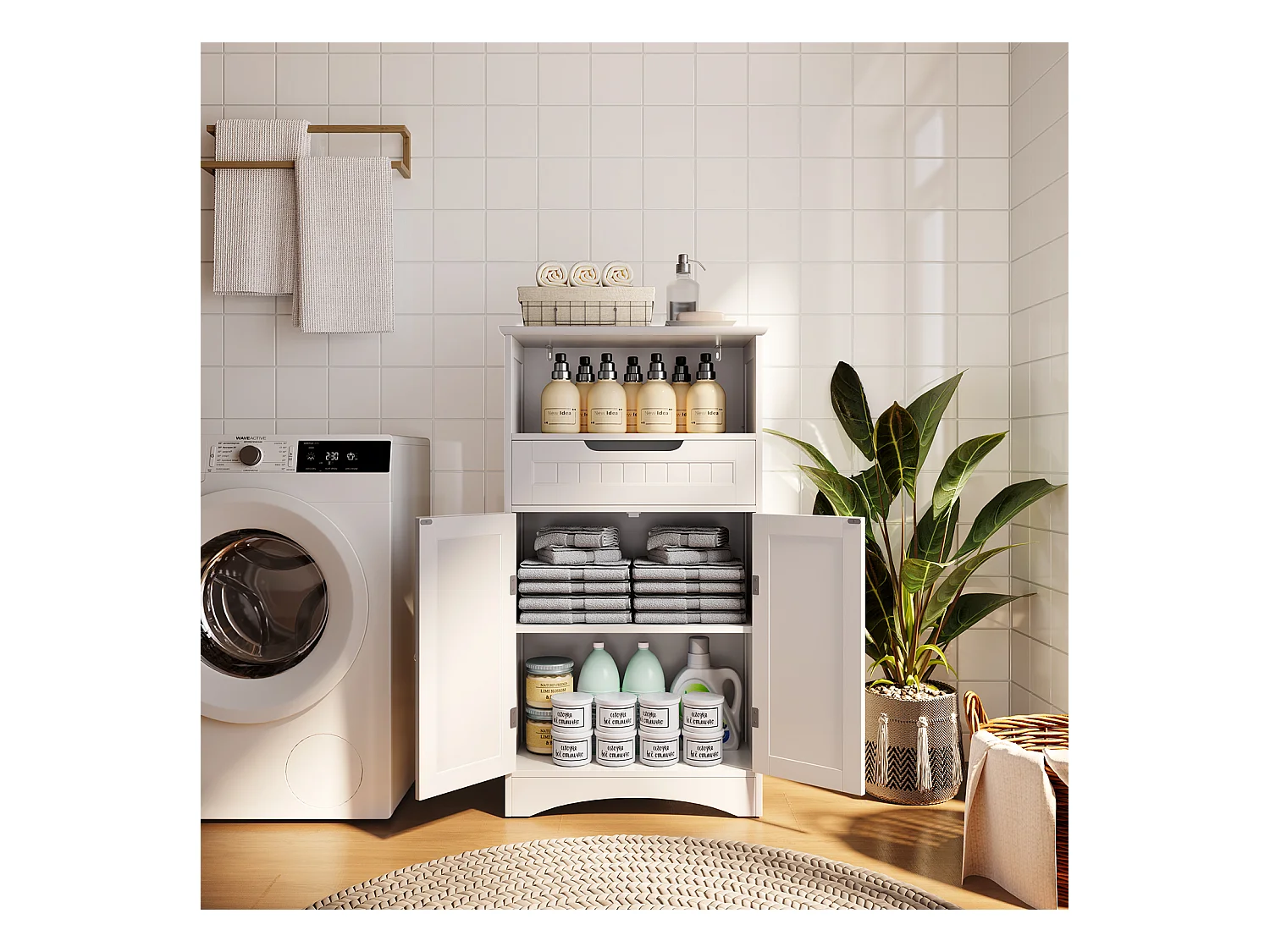 Bealife Meuble Salle de Bain Meuble Bas de Salle de Bain sur Pied Meuble de Rangement 4 Niveaux 2 Portes 1 Étagère Reglable 1 Tiroir