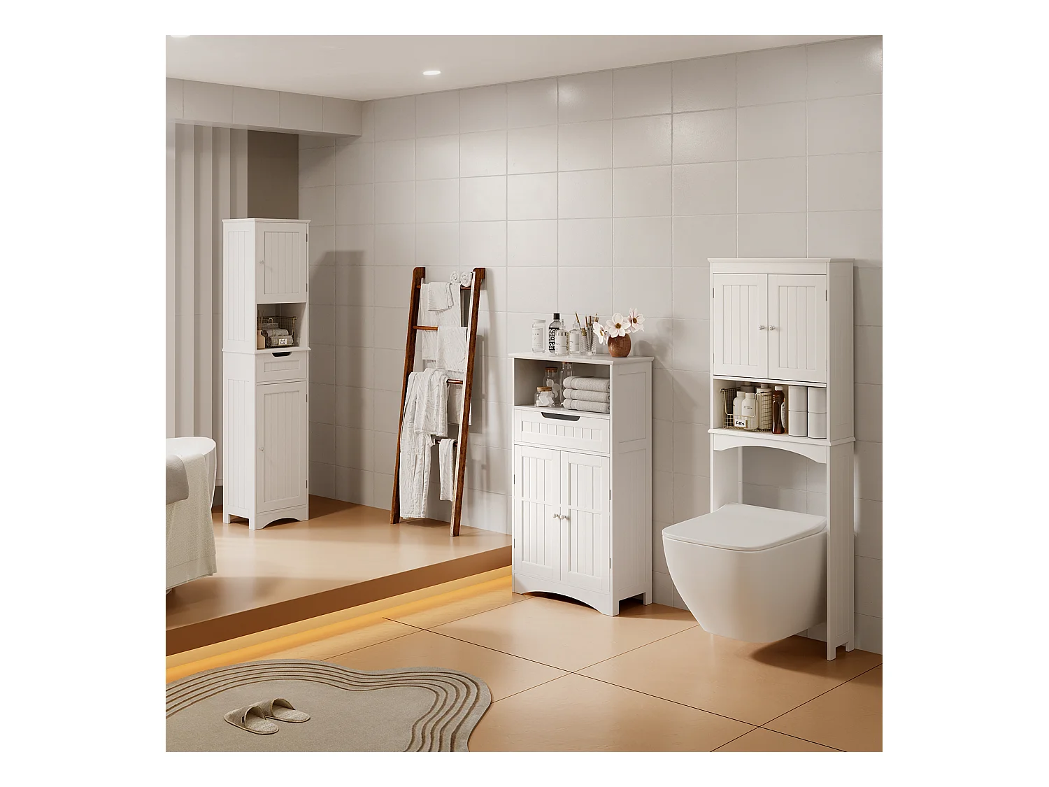 Bealife Meuble Salle de Bain Meuble Bas de Salle de Bain sur Pied Meuble de Rangement 4 Niveaux 2 Portes 1 Étagère Reglable 1 Tiroir