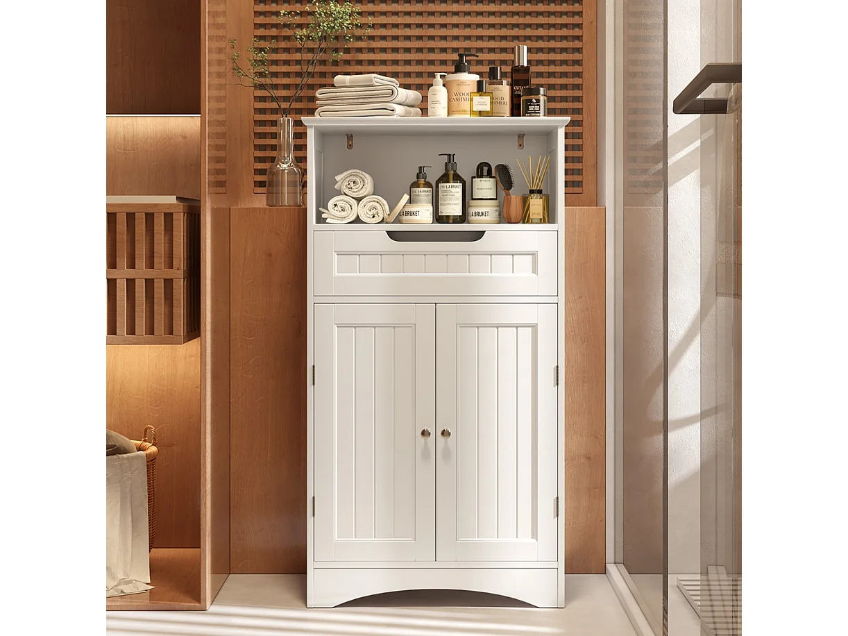 Bealife Meuble Salle de Bain Meuble Bas de Salle de Bain sur Pied Meuble de Rangement 4 Niveaux 2 Portes 1 Étagère Reglable 1 Tiroir