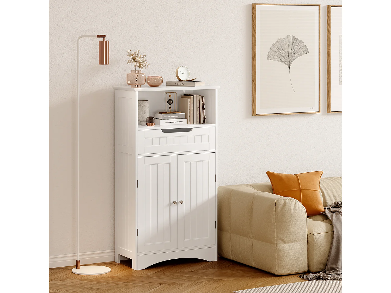 Bealife Meuble Salle de Bain Meuble Bas de Salle de Bain sur Pied Meuble de Rangement 4 Niveaux 2 Portes 1 Étagère Reglable 1 Tiroir