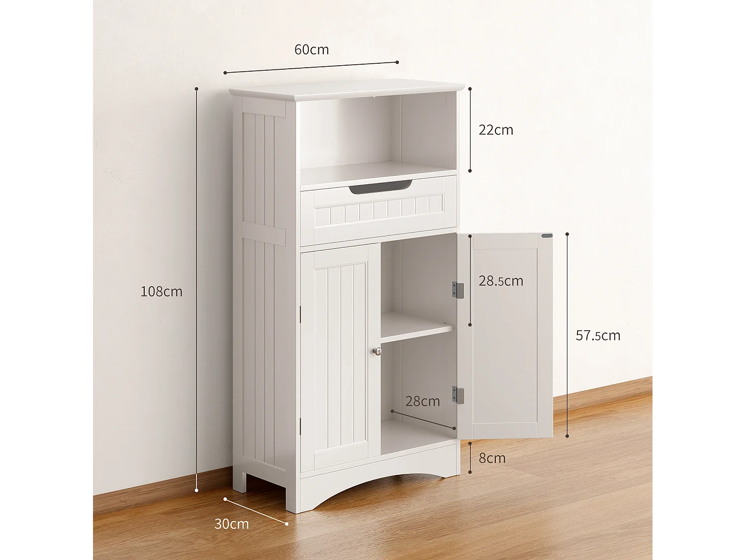 Bealife Meuble Salle de Bain Meuble Bas de Salle de Bain sur Pied Meuble de Rangement 4 Niveaux 2 Portes 1 Étagère Reglable 1 Tiroir