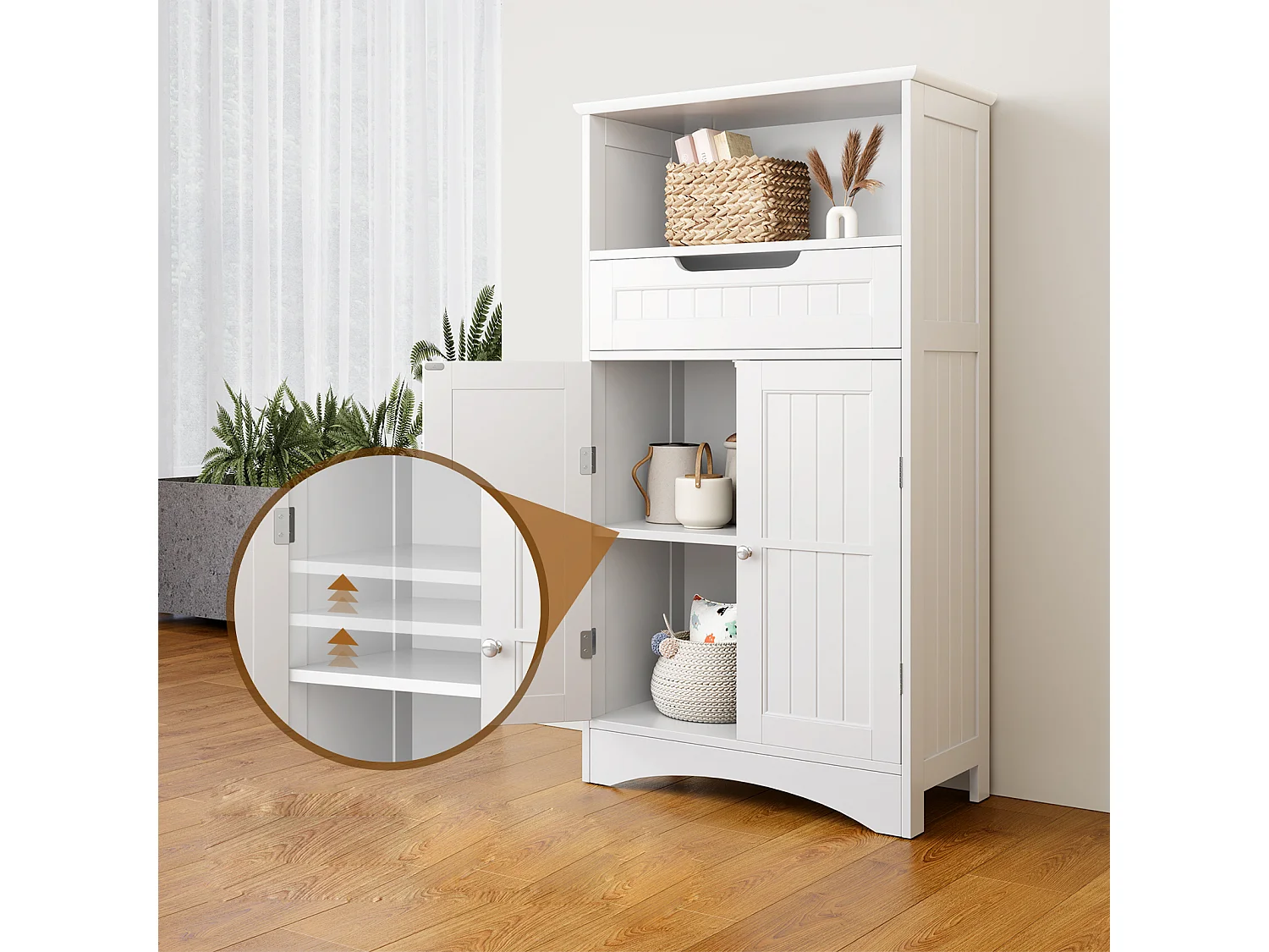 Bealife Meuble Salle de Bain Meuble Bas de Salle de Bain sur Pied Meuble de Rangement 4 Niveaux 2 Portes 1 Étagère Reglable 1 Tiroir