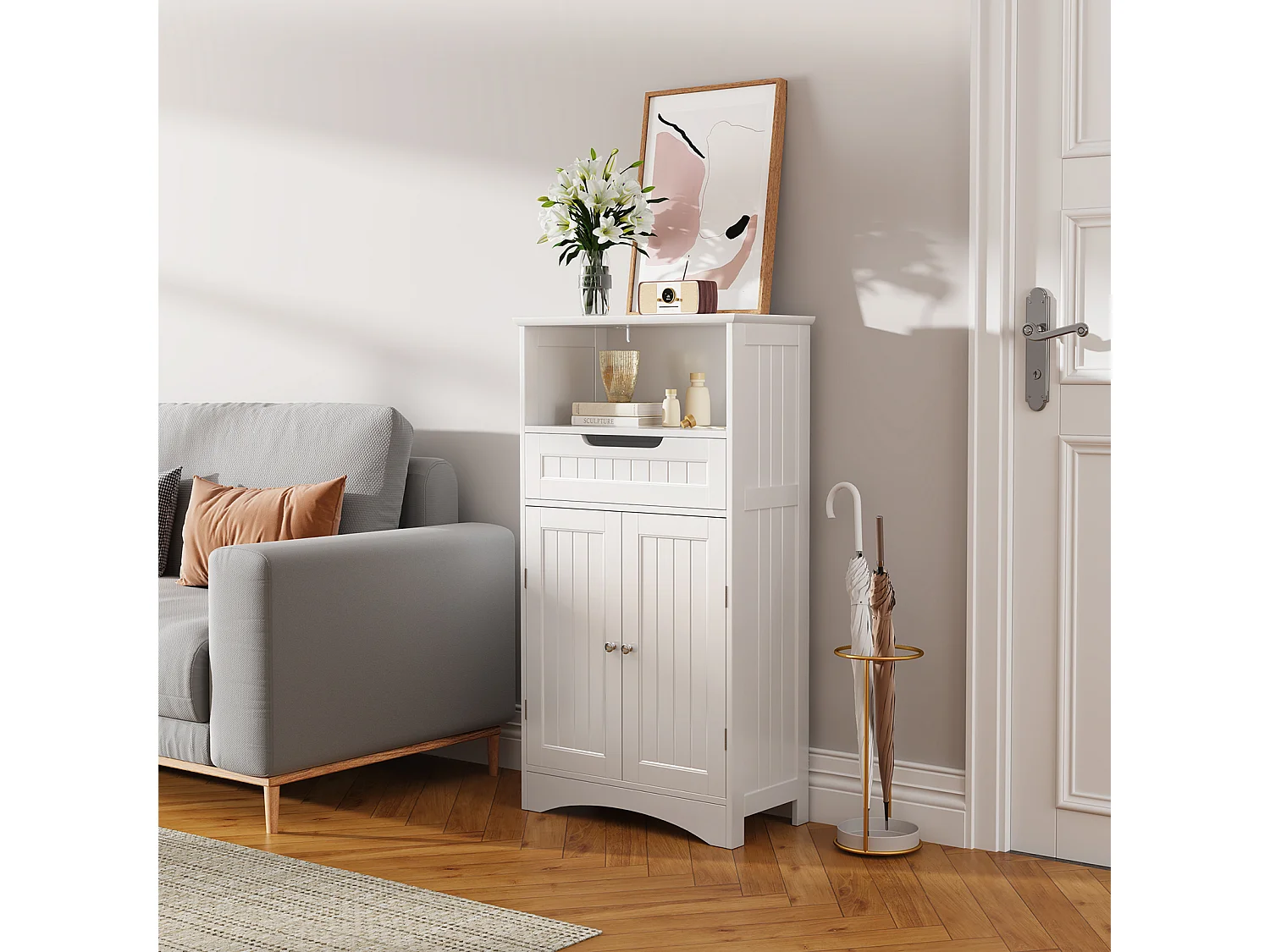 Bealife Meuble Salle de Bain Meuble Bas de Salle de Bain sur Pied Meuble de Rangement 4 Niveaux 2 Portes 1 Étagère Reglable 1 Tiroir