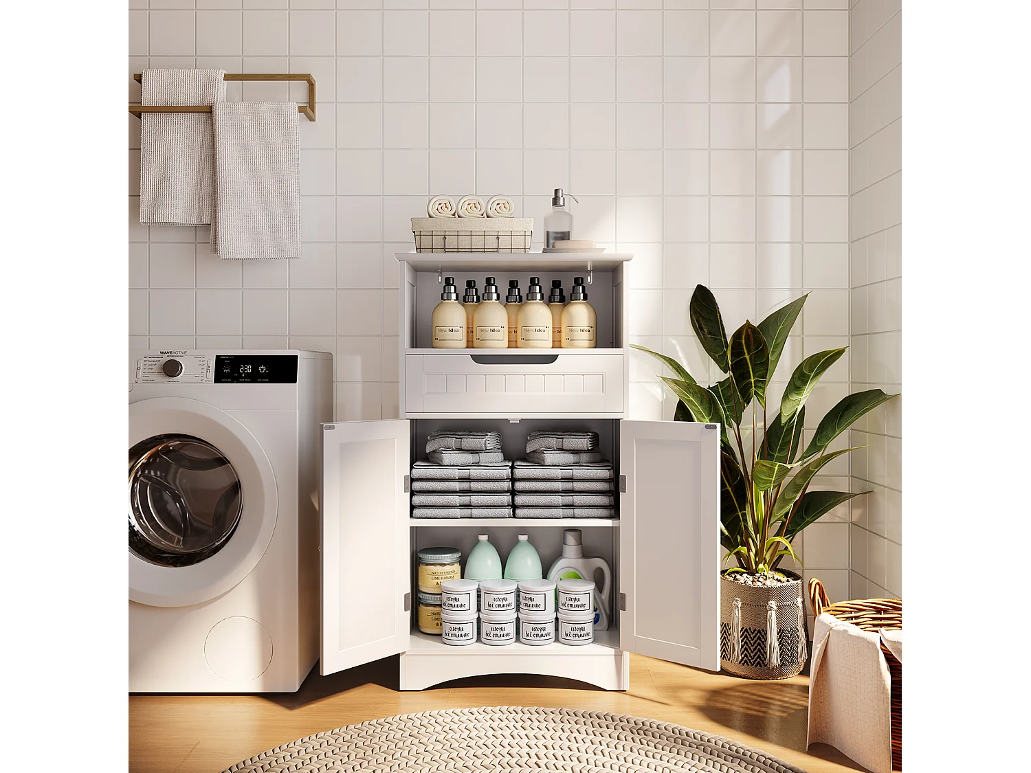 Bealife Meuble Salle de Bain Meuble Bas de Salle de Bain sur Pied Meuble de Rangement 4 Niveaux 2 Portes 1 Étagère Reglable 1 Tiroir