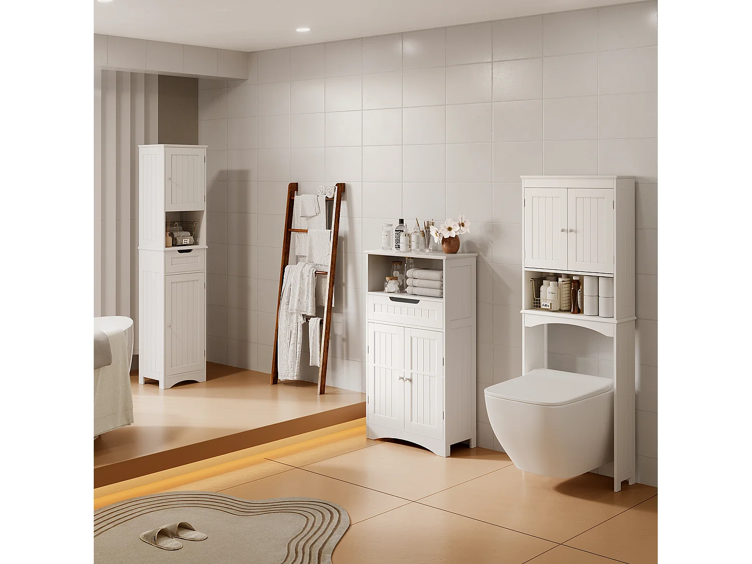 Bealife Meuble Salle de Bain Meuble Bas de Salle de Bain sur Pied Meuble de Rangement 4 Niveaux 2 Portes 1 Étagère Reglable 1 Tiroir