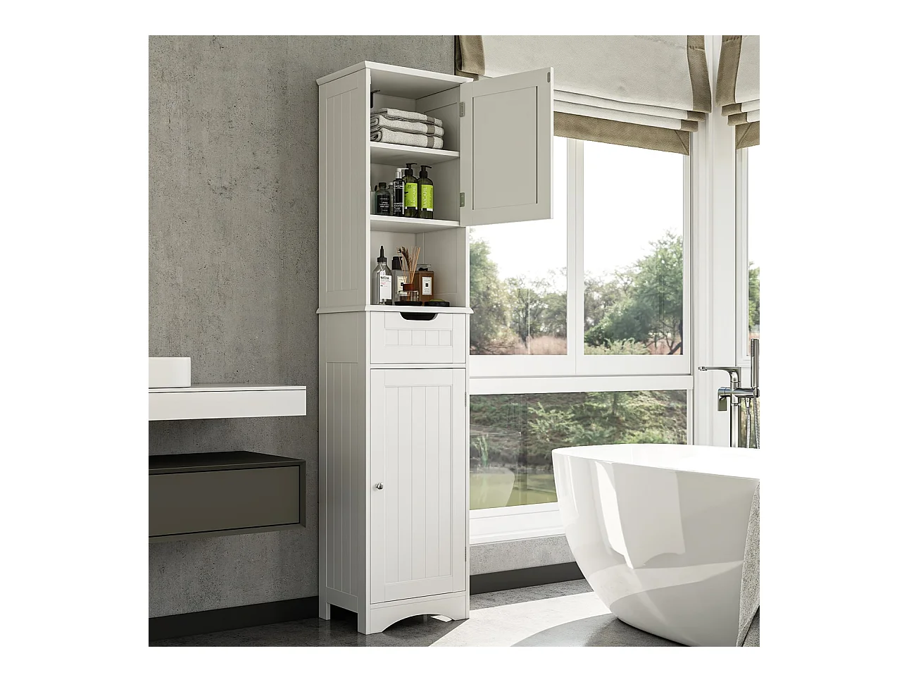 Bealife Meuble Colonne Salle de Bain Rangement sur Pied Armoire Haute 2 Portes et 1 Tiroir 1 Placard Ouverte Étagère Réglable