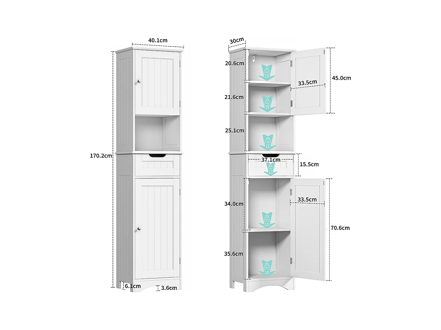 Bealife Meuble Colonne Salle de Bain Rangement sur Pied Armoire Haute 2 Portes et 1 Tiroir 1 Placard Ouverte Étagère Réglable