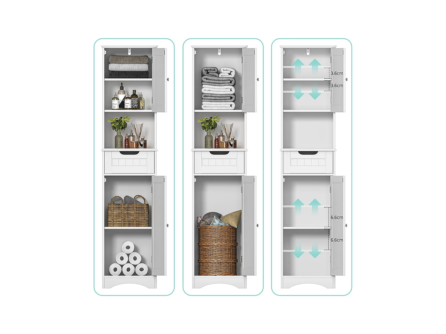 Bealife Meuble Colonne Salle de Bain Rangement sur Pied Armoire Haute 2 Portes et 1 Tiroir 1 Placard Ouverte Étagère Réglable