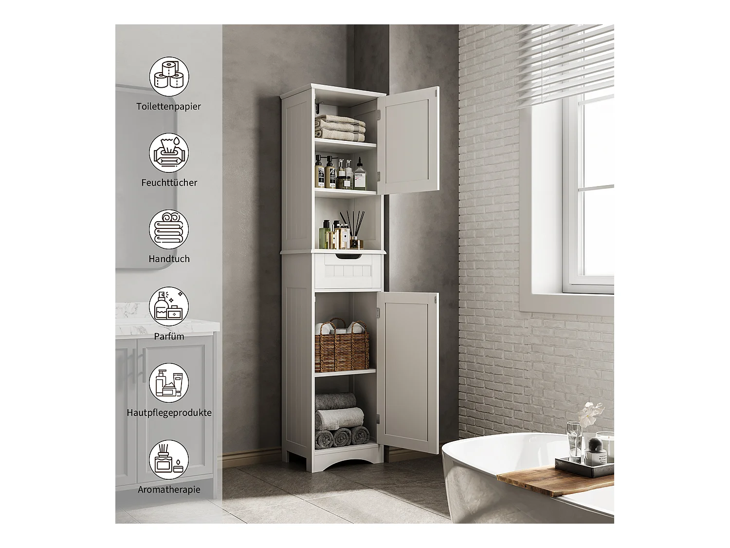 Bealife Meuble Colonne Salle de Bain Rangement sur Pied Armoire Haute 2 Portes et 1 Tiroir 1 Placard Ouverte Étagère Réglable