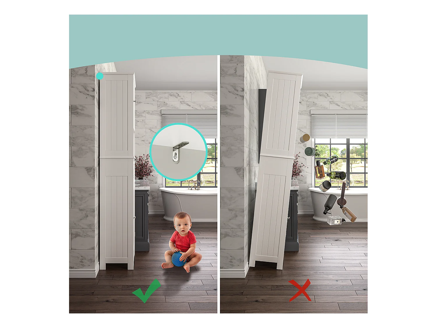 Bealife Meuble Colonne Salle de Bain Rangement sur Pied Armoire Haute 2 Portes et 1 Tiroir 1 Placard Ouverte Étagère Réglable